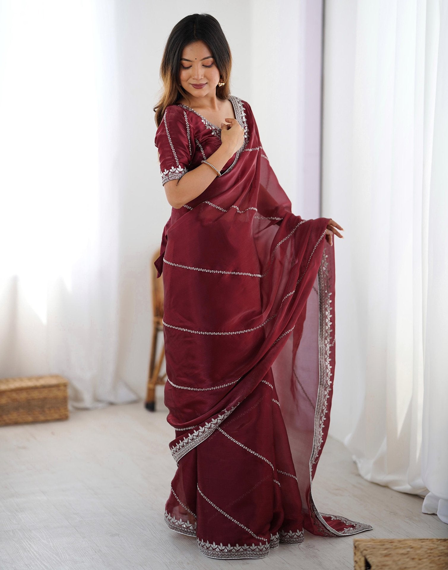 Maroon Tissue Silk Sequence Embroidery Saree
