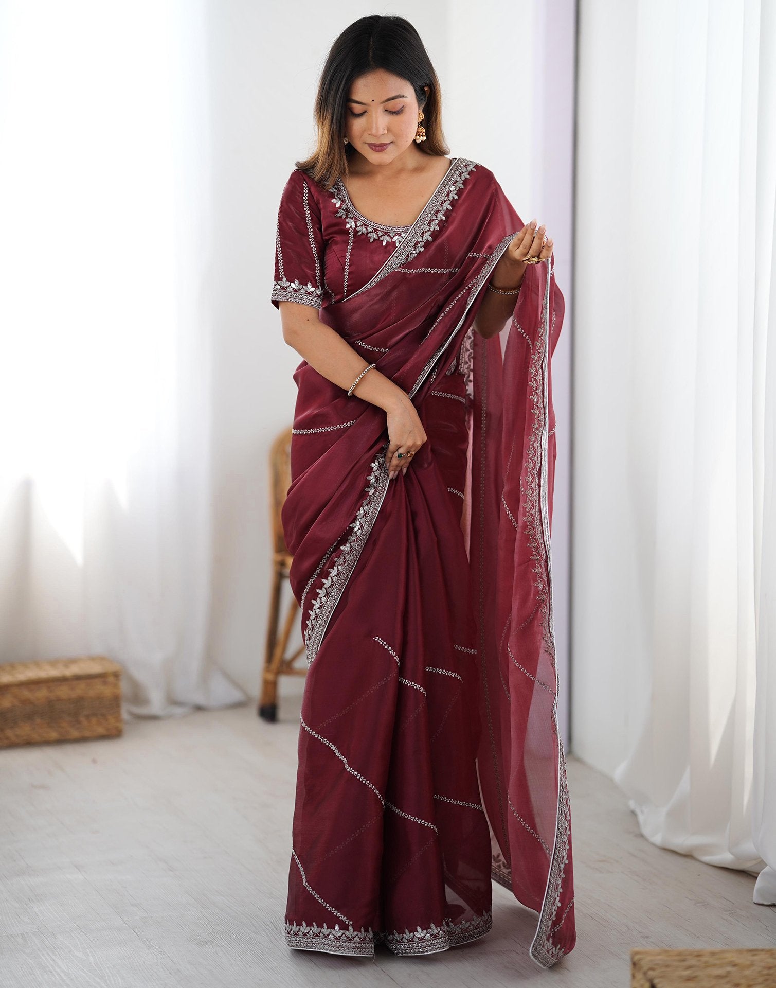 Maroon Tissue Silk Sequence Embroidery Saree