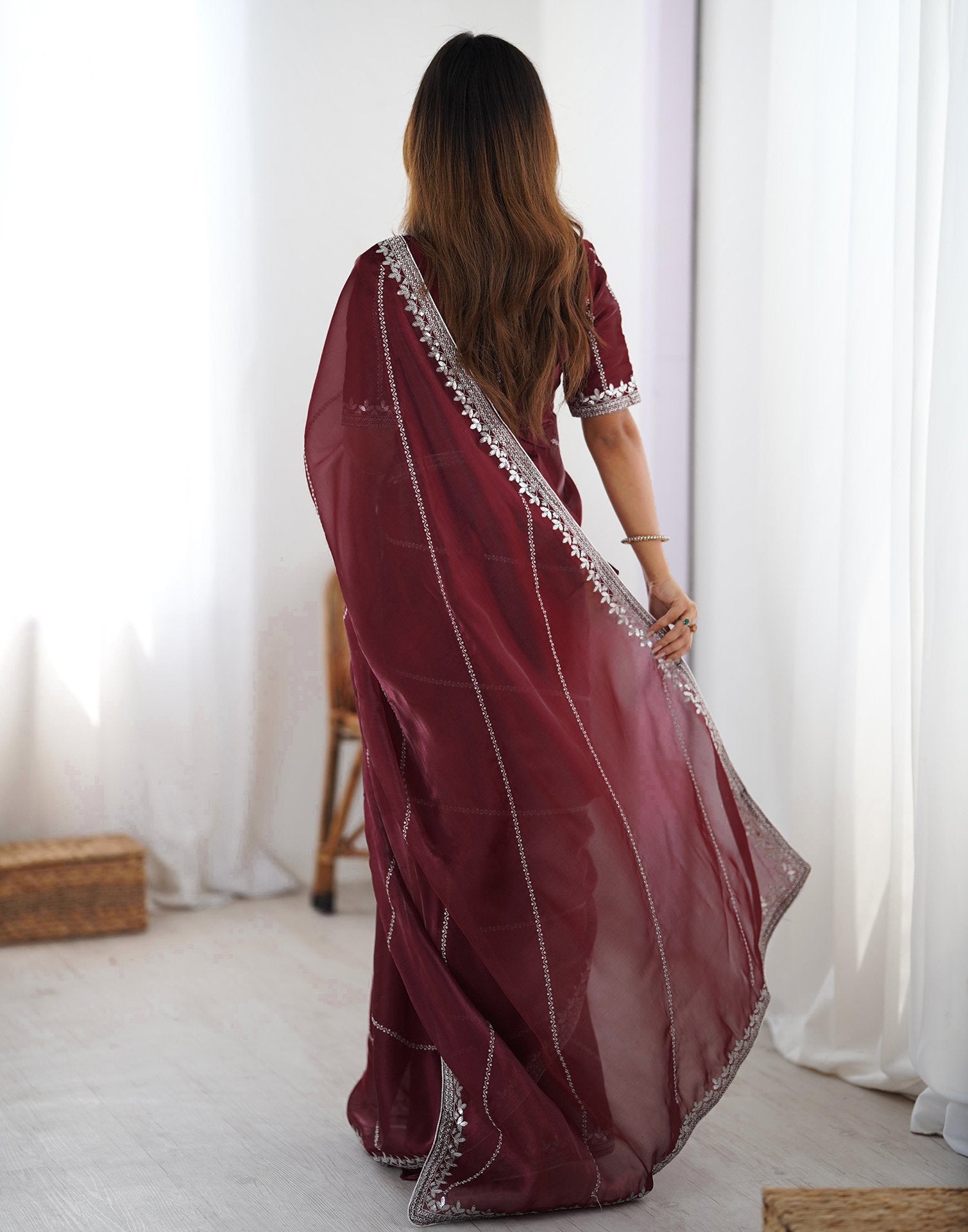 Maroon Tissue Silk Sequence Embroidery Saree