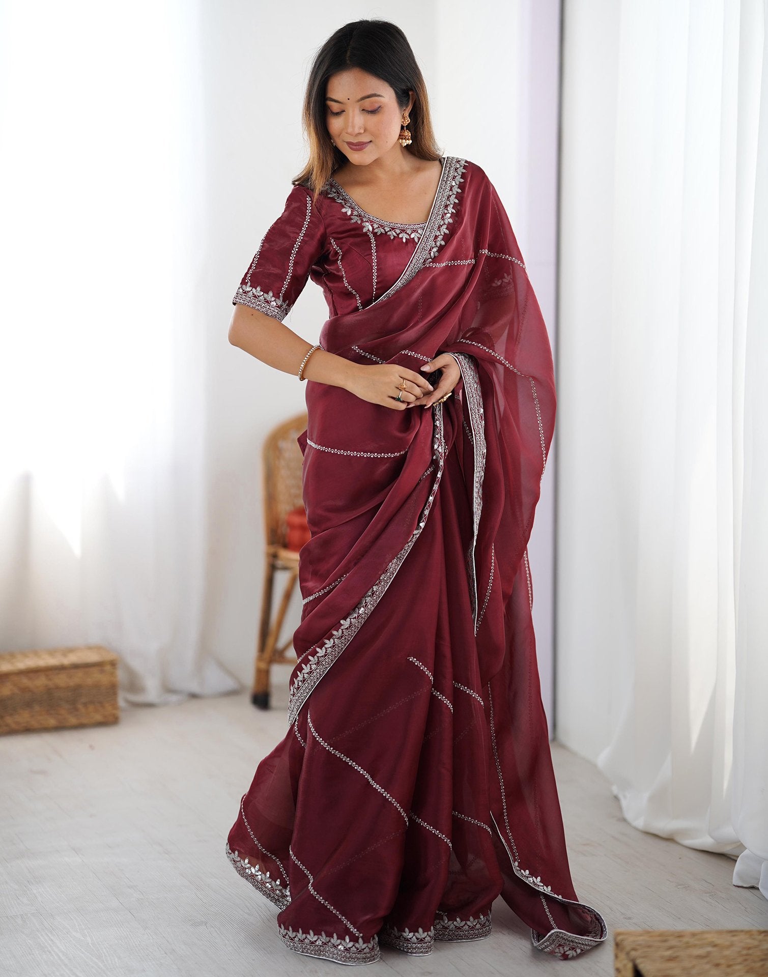 Maroon Tissue Silk Sequence Embroidery Saree