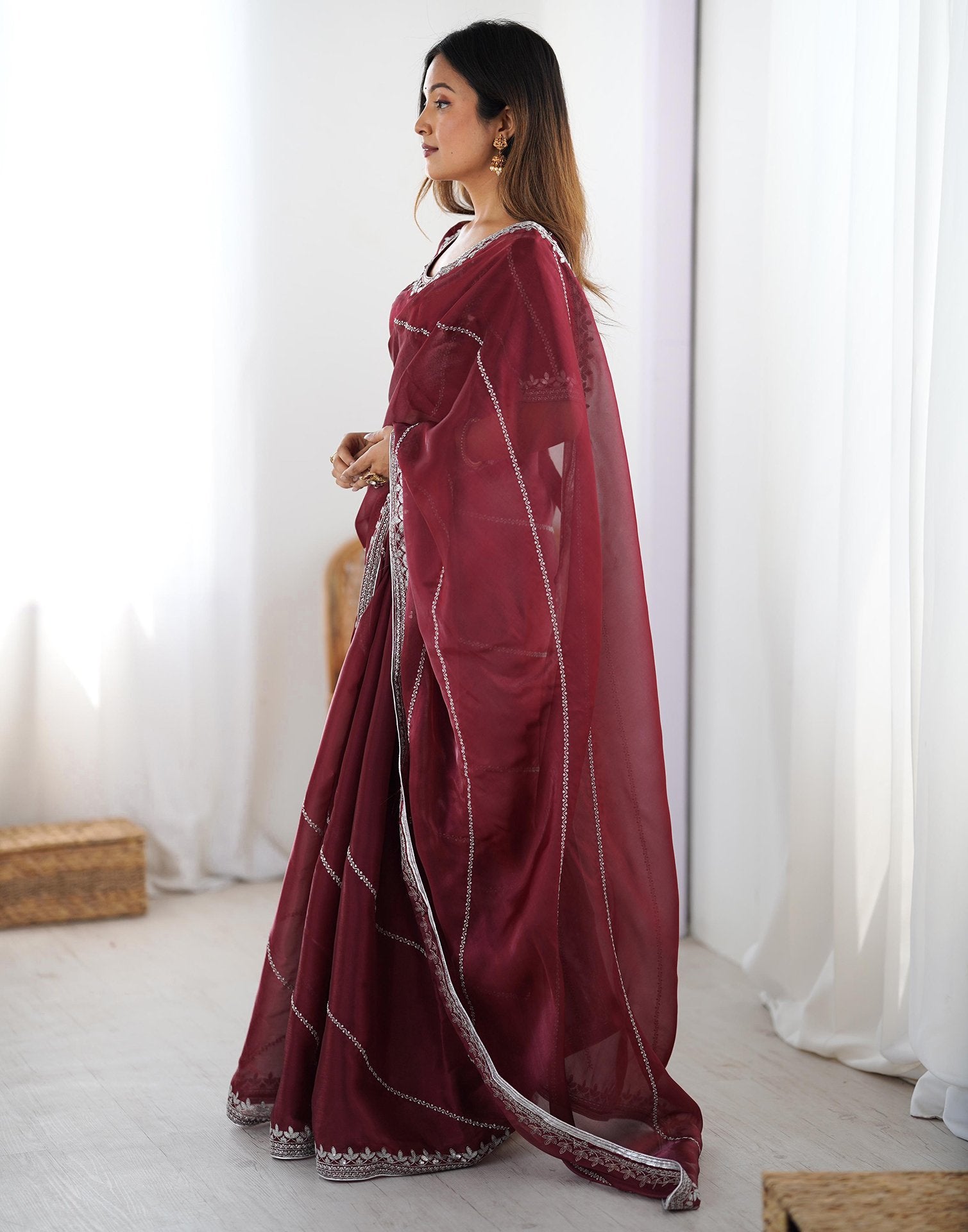 Maroon Tissue Silk Sequence Embroidery Saree