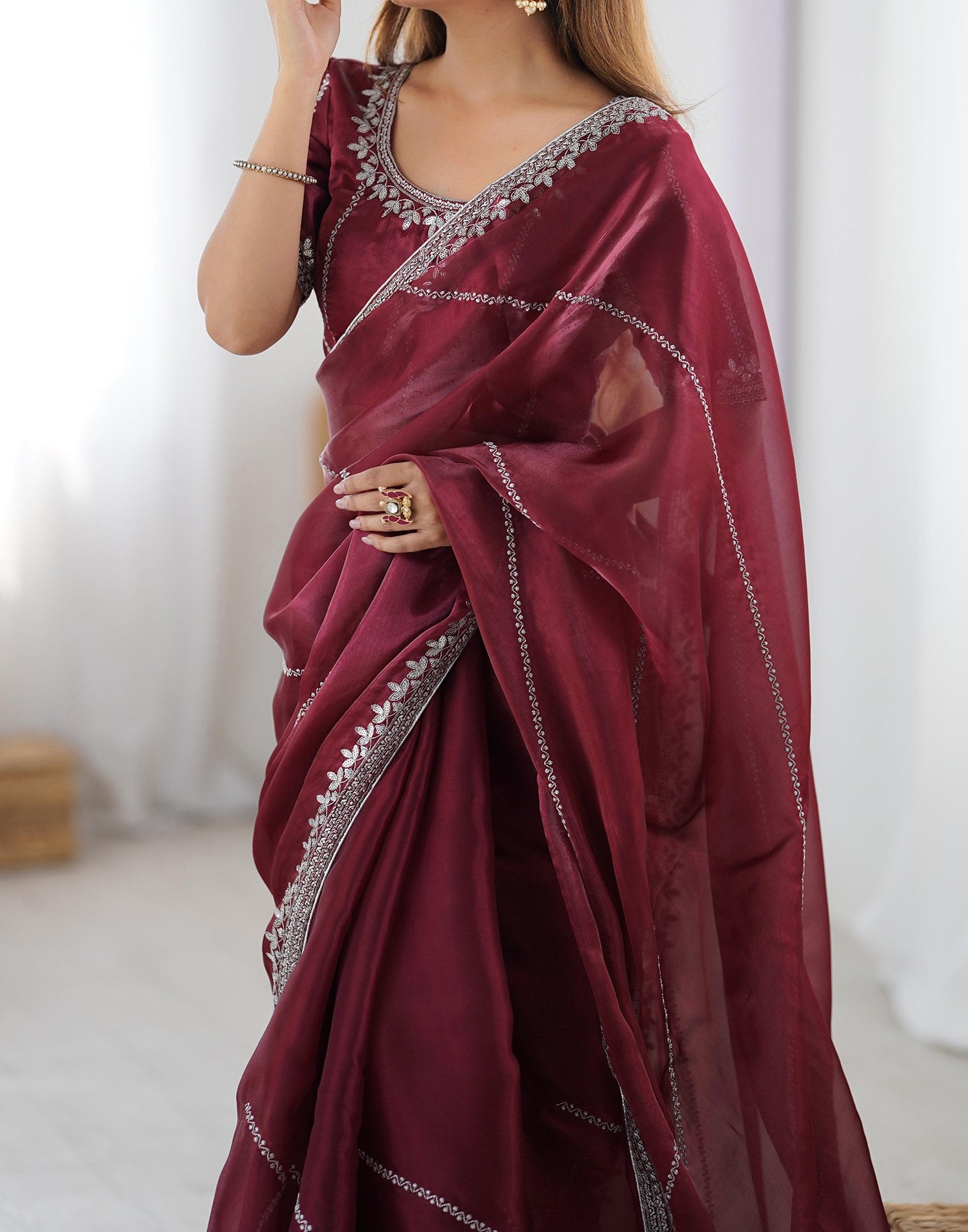 Maroon Tissue Silk Sequence Embroidery Saree