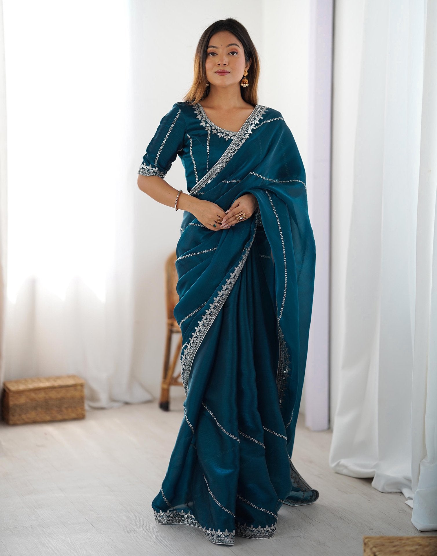 Blue Tissue Silk Sequence Embroidery Saree
