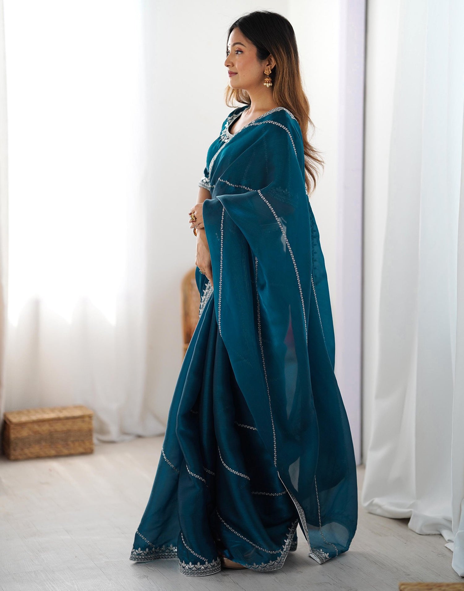 Blue Tissue Silk Sequence Embroidery Saree