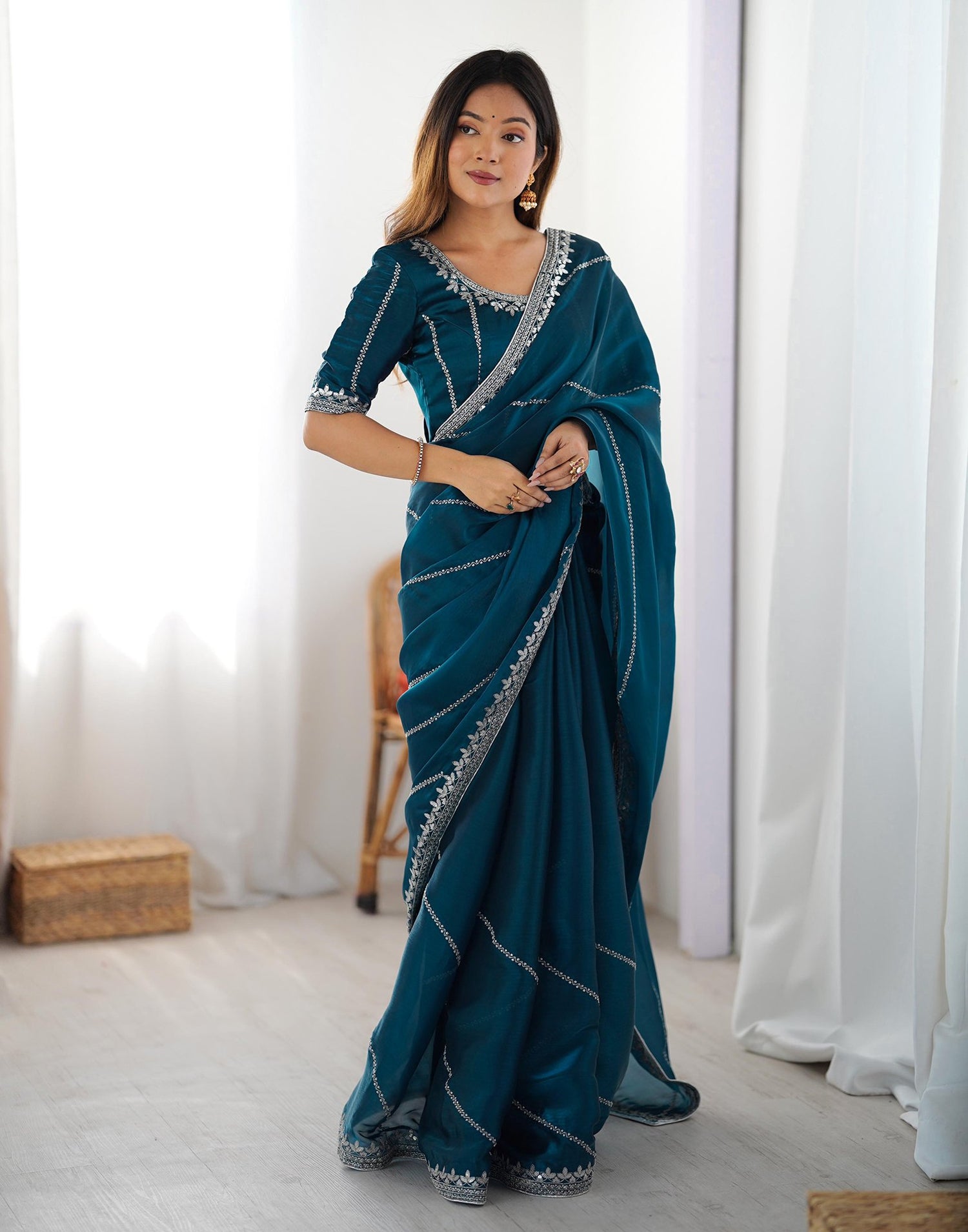 Blue Tissue Silk Sequence Embroidery Saree