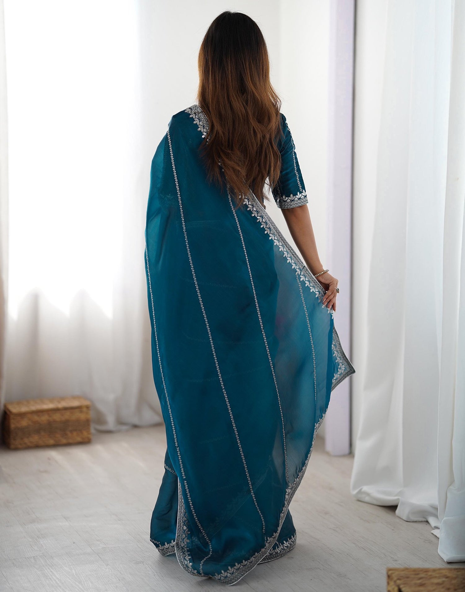 Blue Tissue Silk Sequence Embroidery Saree
