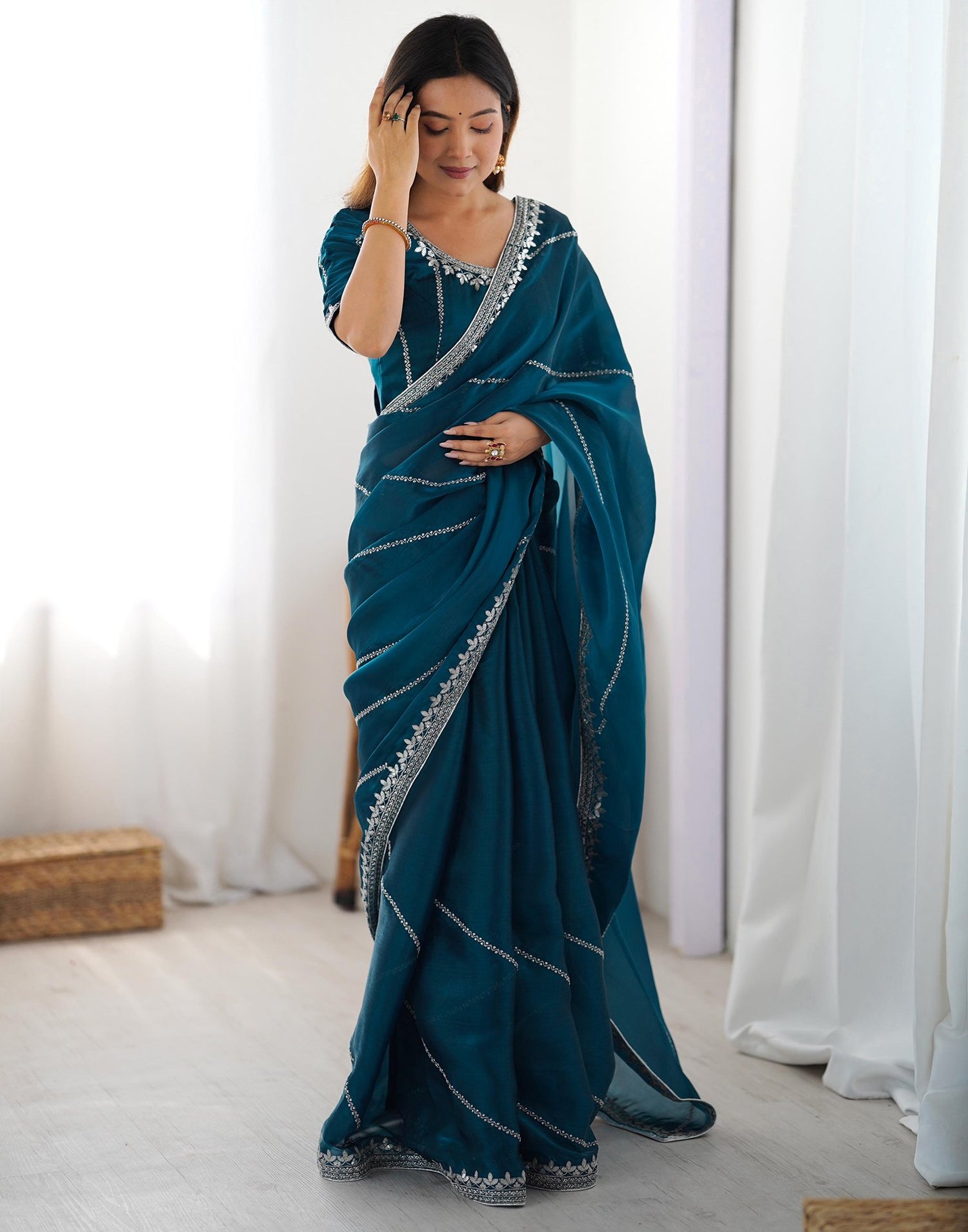 Blue Tissue Silk Sequence Embroidery Saree