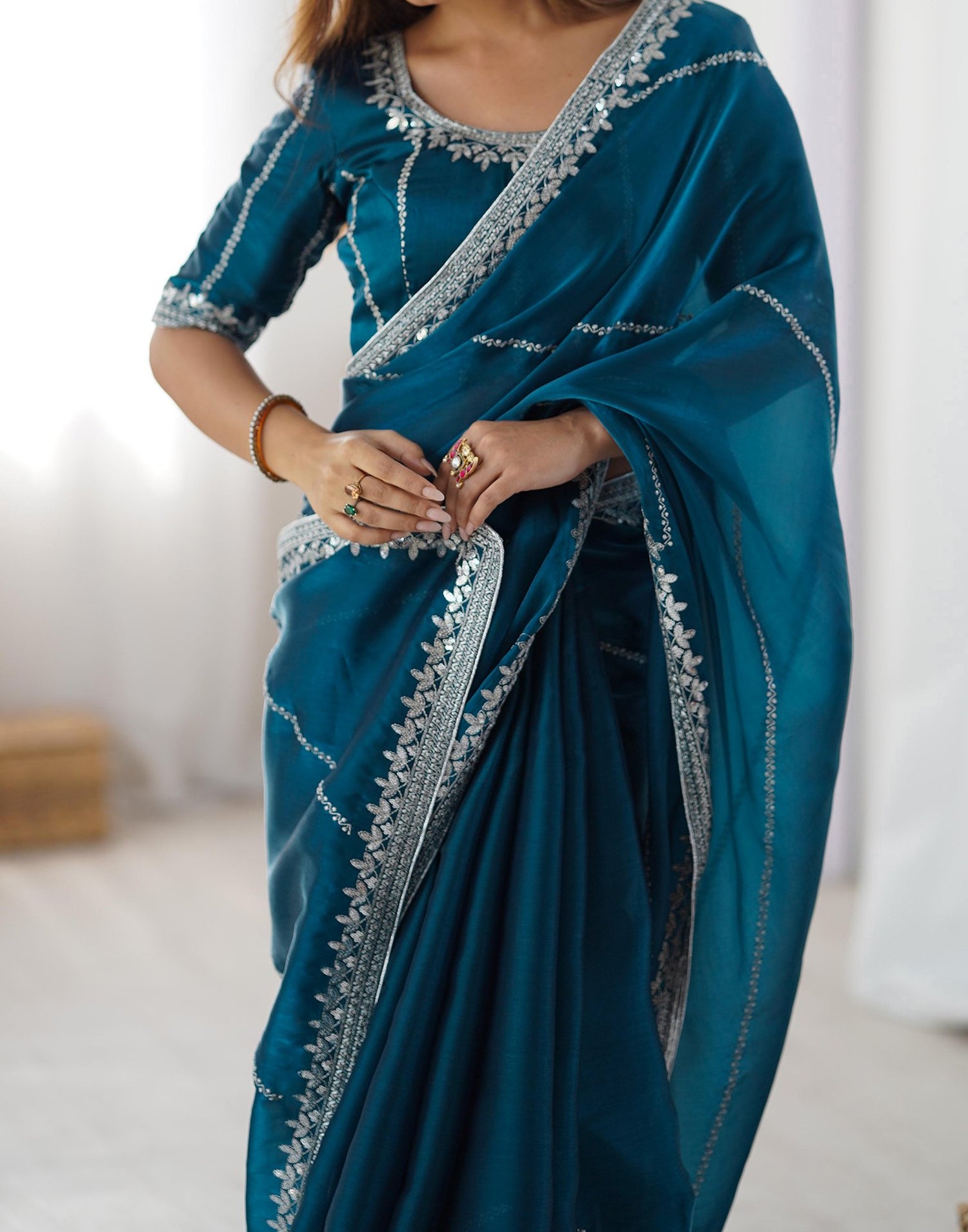 Blue Tissue Silk Sequence Embroidery Saree
