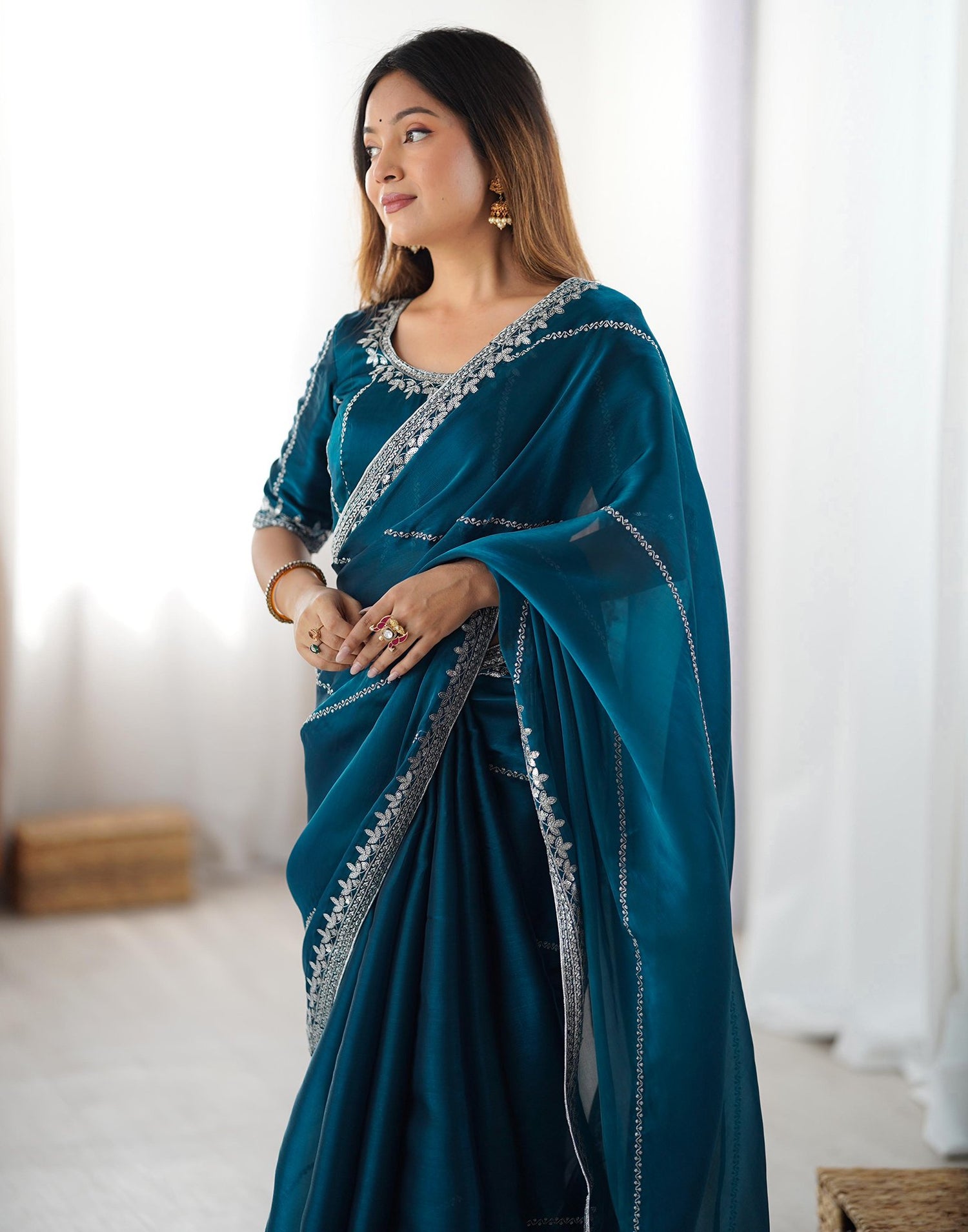 Blue Tissue Silk Sequence Embroidery Saree