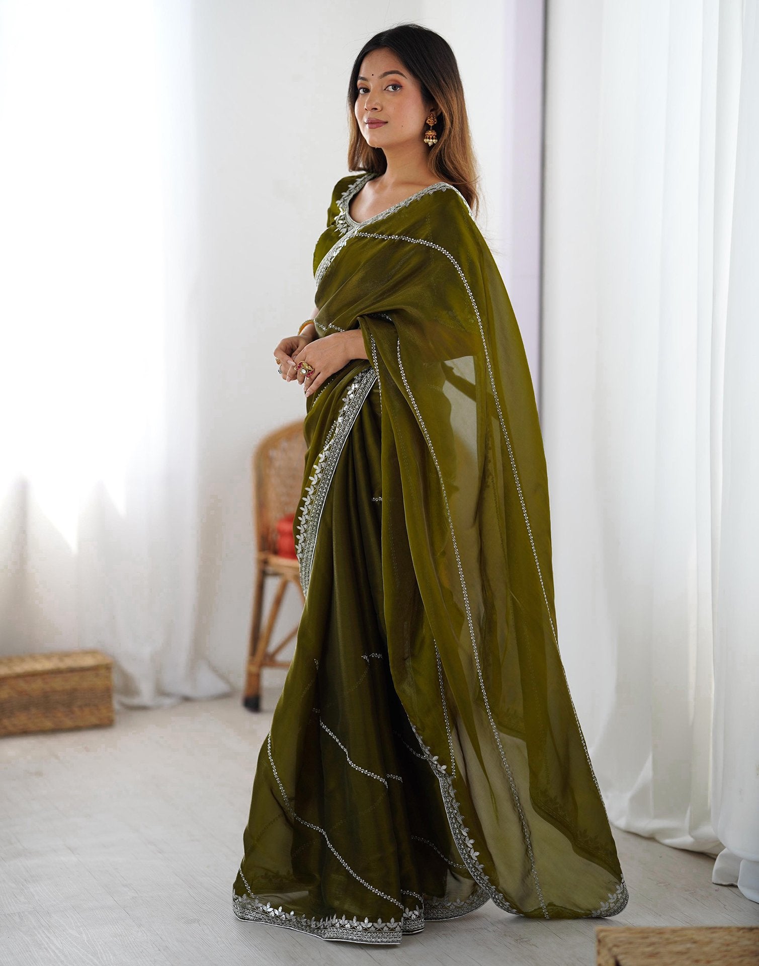 Olive Green Tissue Silk Sequence Embroidery Saree