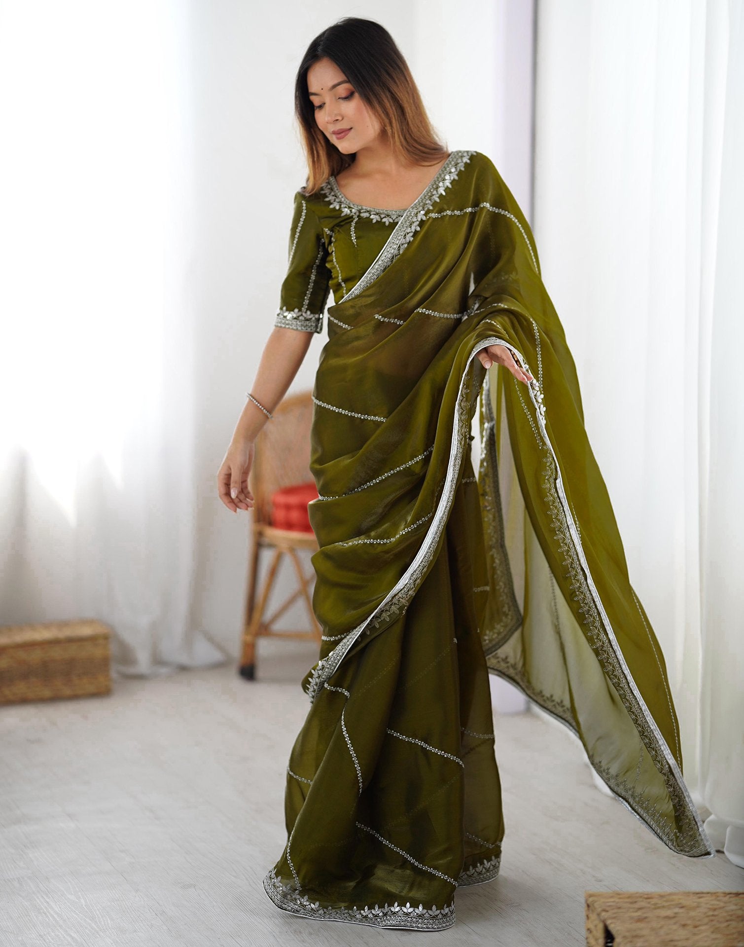 Olive Green Tissue Silk Sequence Embroidery Saree