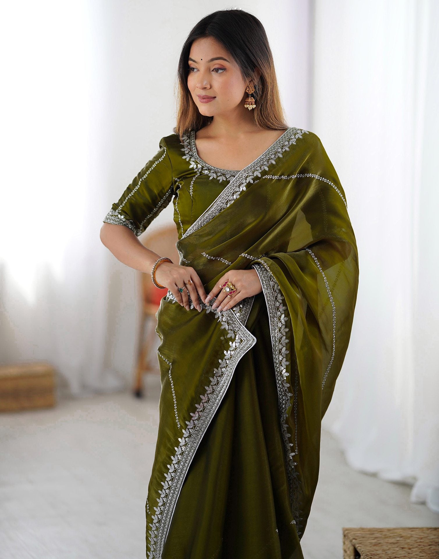 Olive Green Tissue Silk Sequence Embroidery Saree