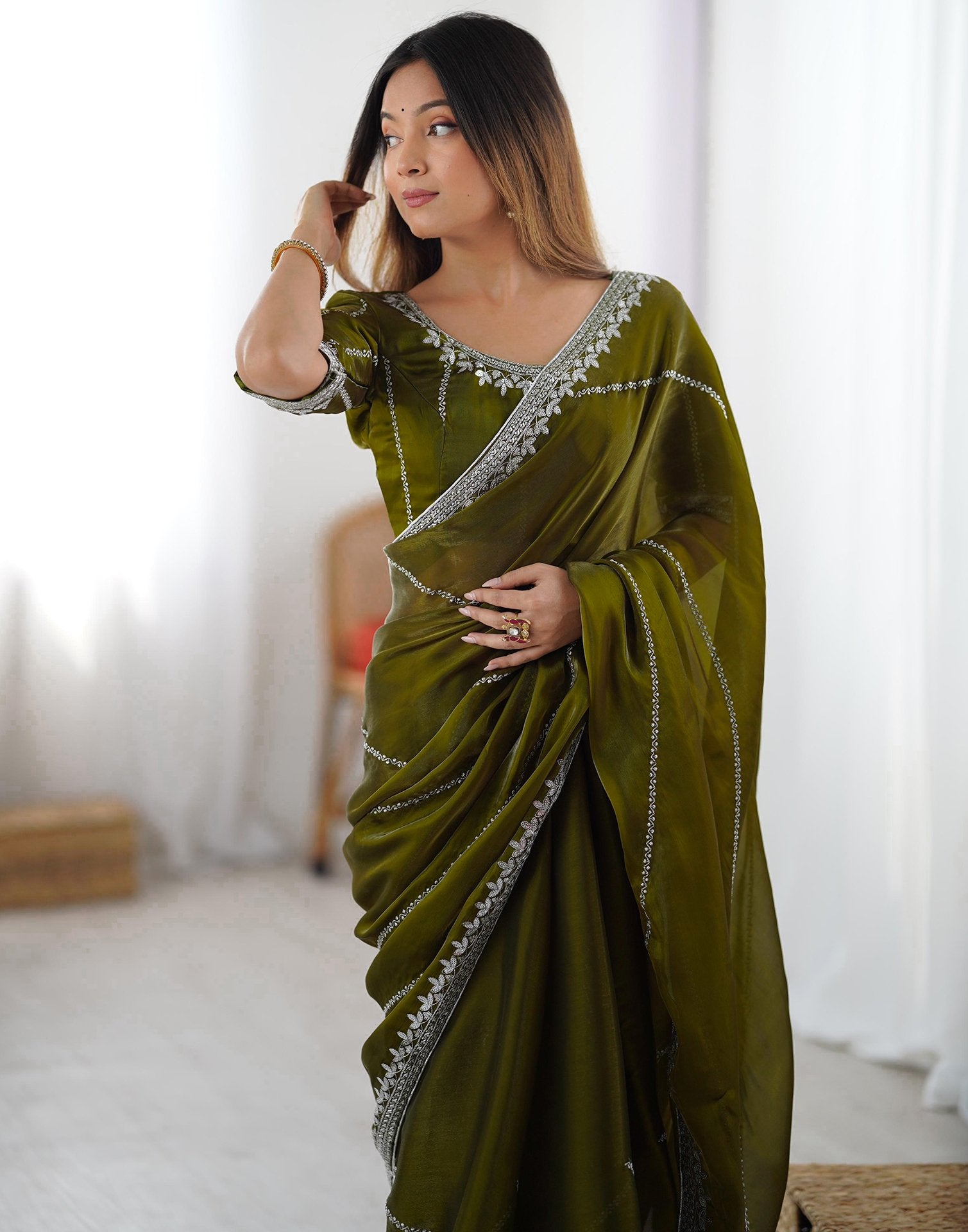 Olive Green Tissue Silk Sequence Embroidery Saree