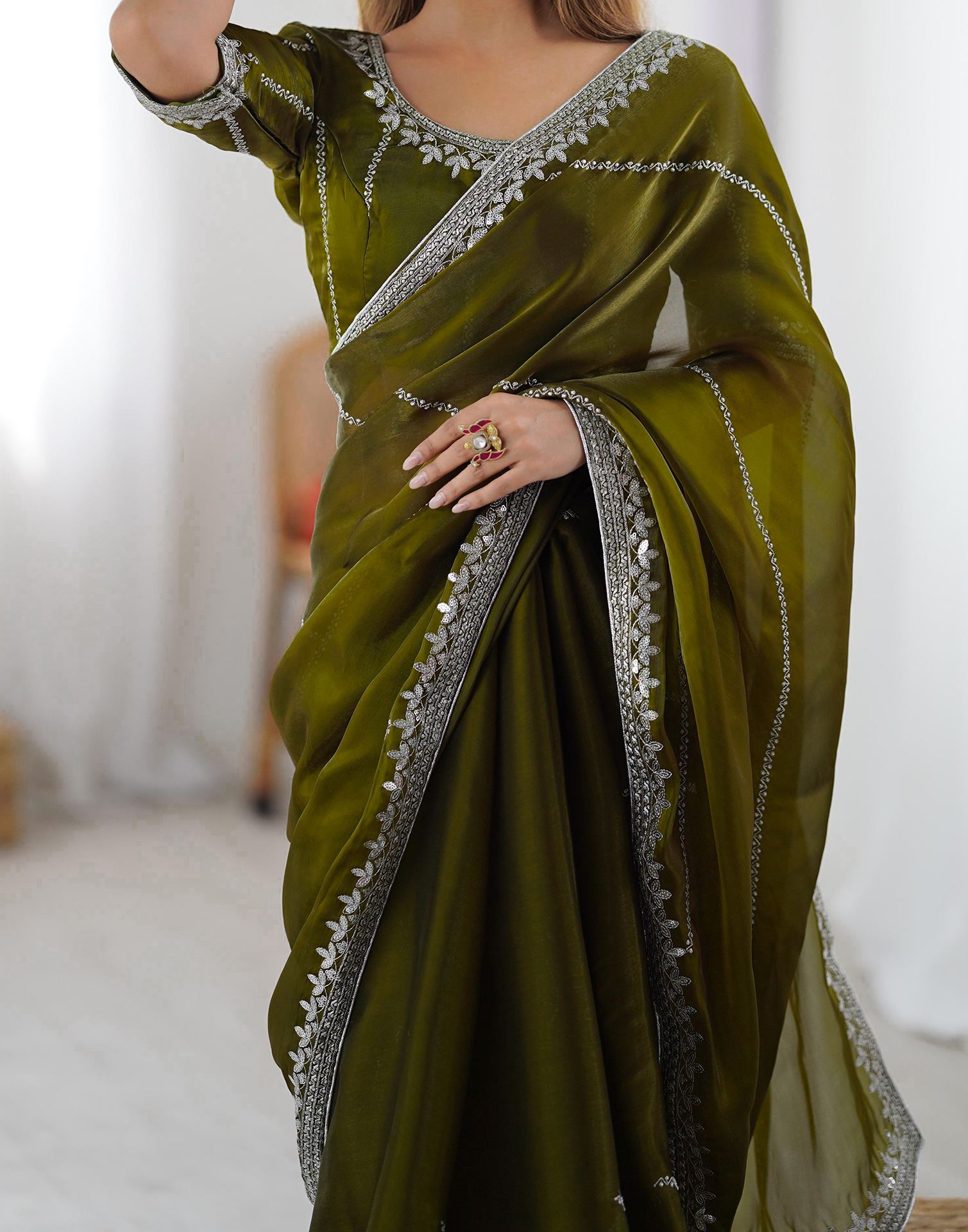 Olive Green Tissue Silk Sequence Embroidery Saree