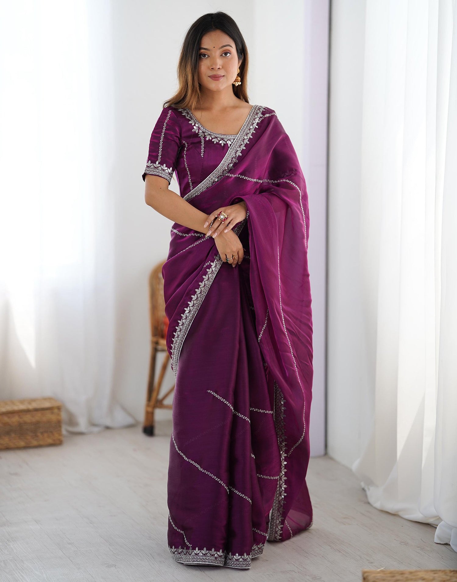 Purple Tissue Silk Sequence Embroidery Saree