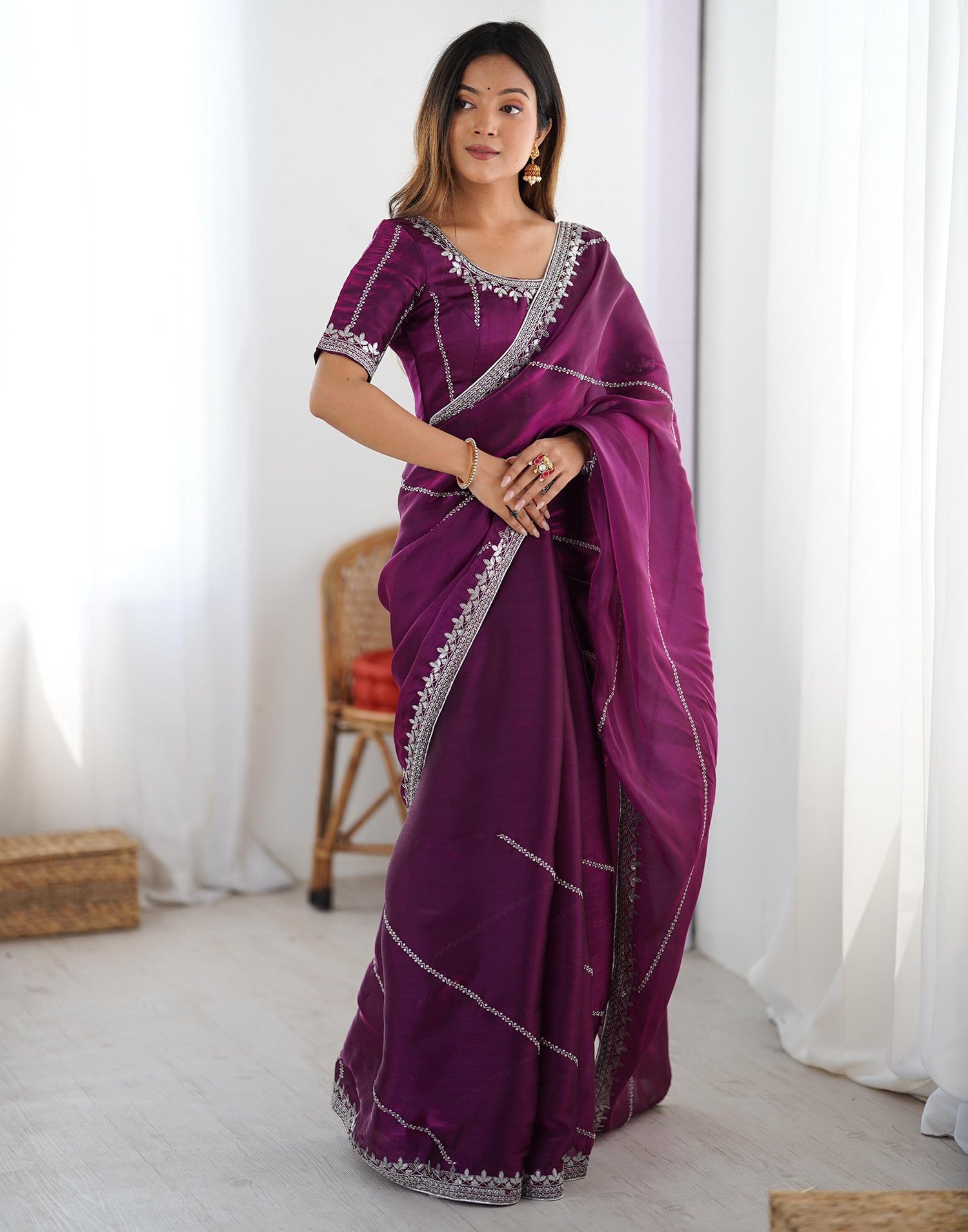 Purple Tissue Silk Sequence Embroidery Saree