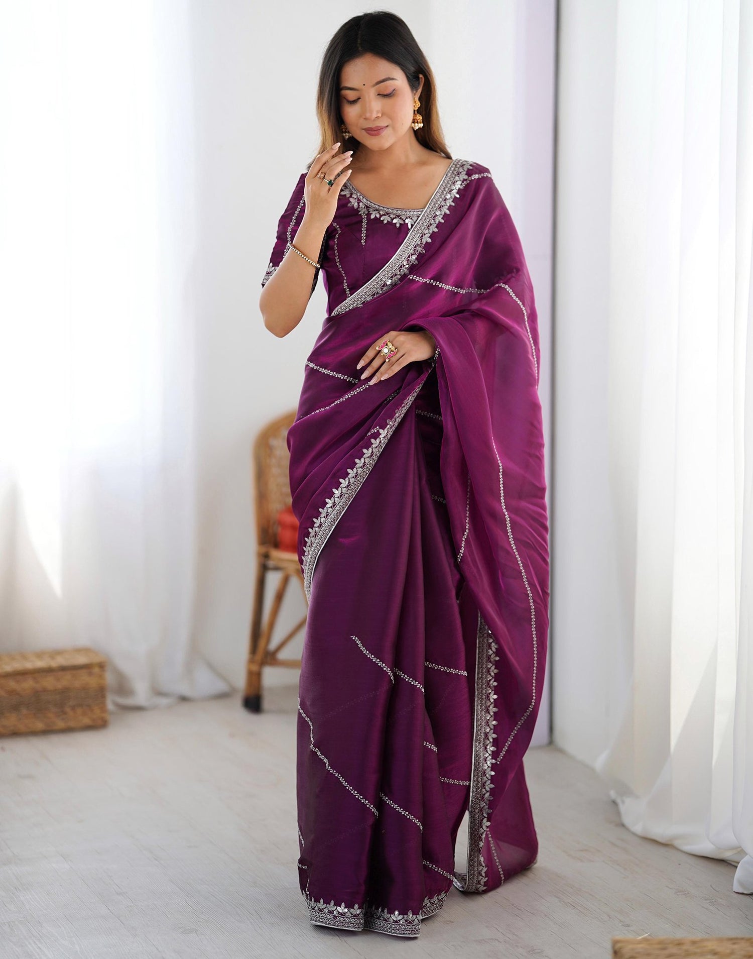 Purple Tissue Silk Sequence Embroidery Saree