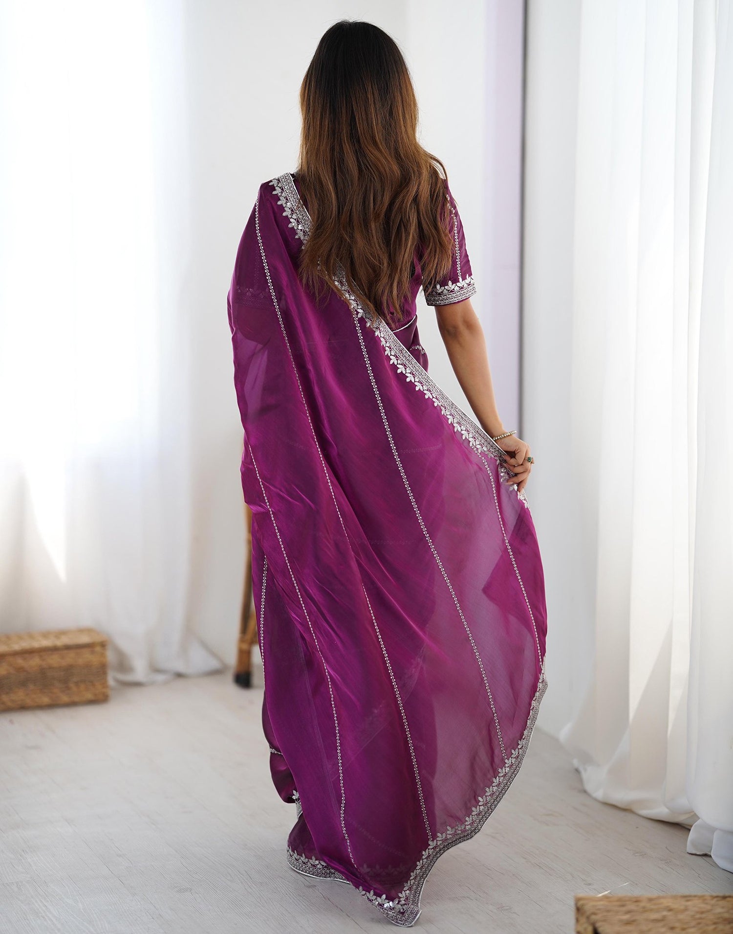 Purple Tissue Silk Sequence Embroidery Saree