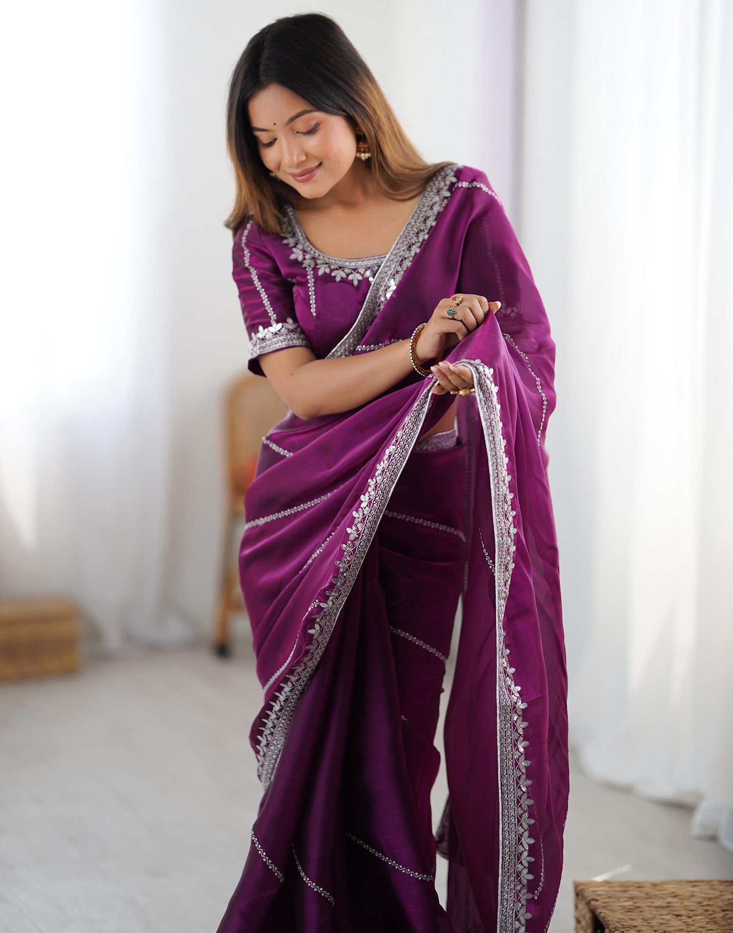 Purple Tissue Silk Sequence Embroidery Saree