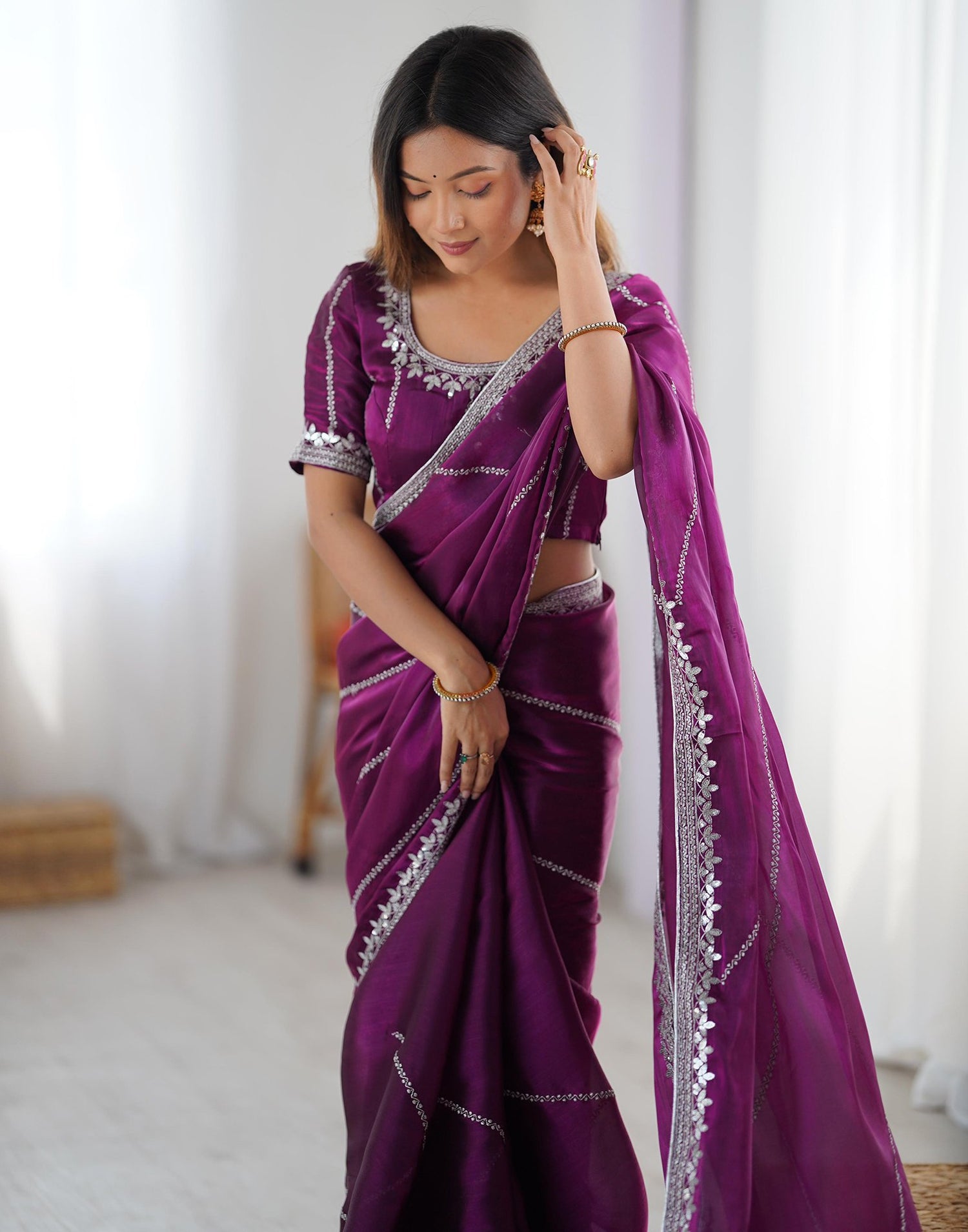 Purple Tissue Silk Sequence Embroidery Saree