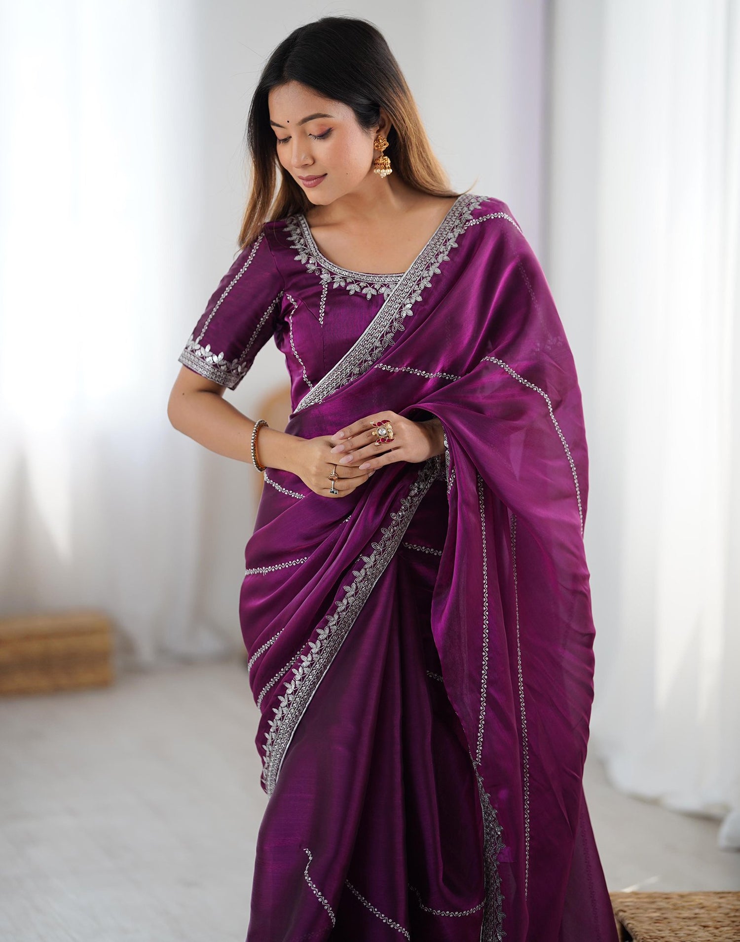 Purple Tissue Silk Sequence Embroidery Saree