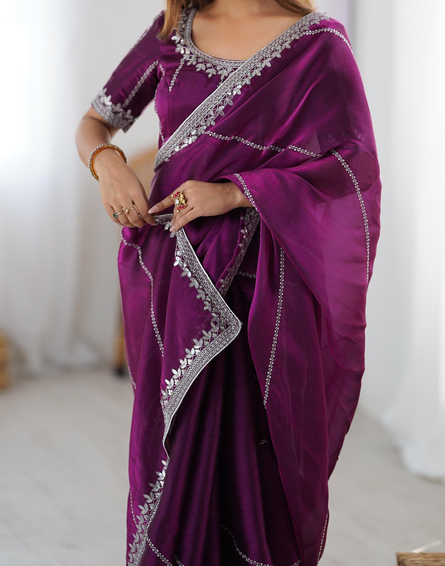 Purple Tissue Silk Sequence Embroidery Saree