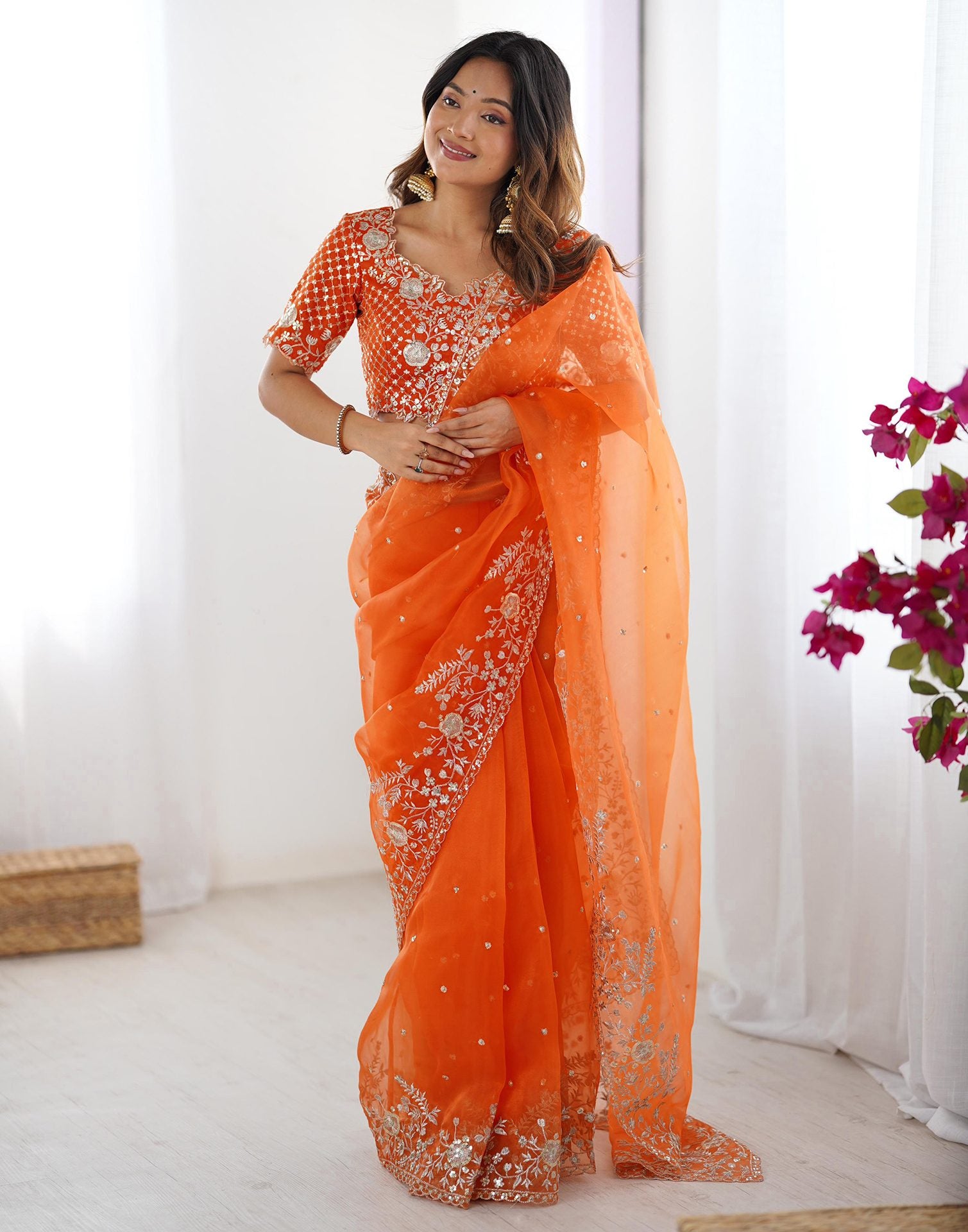 Orange Organza Sequence Embroidery Saree