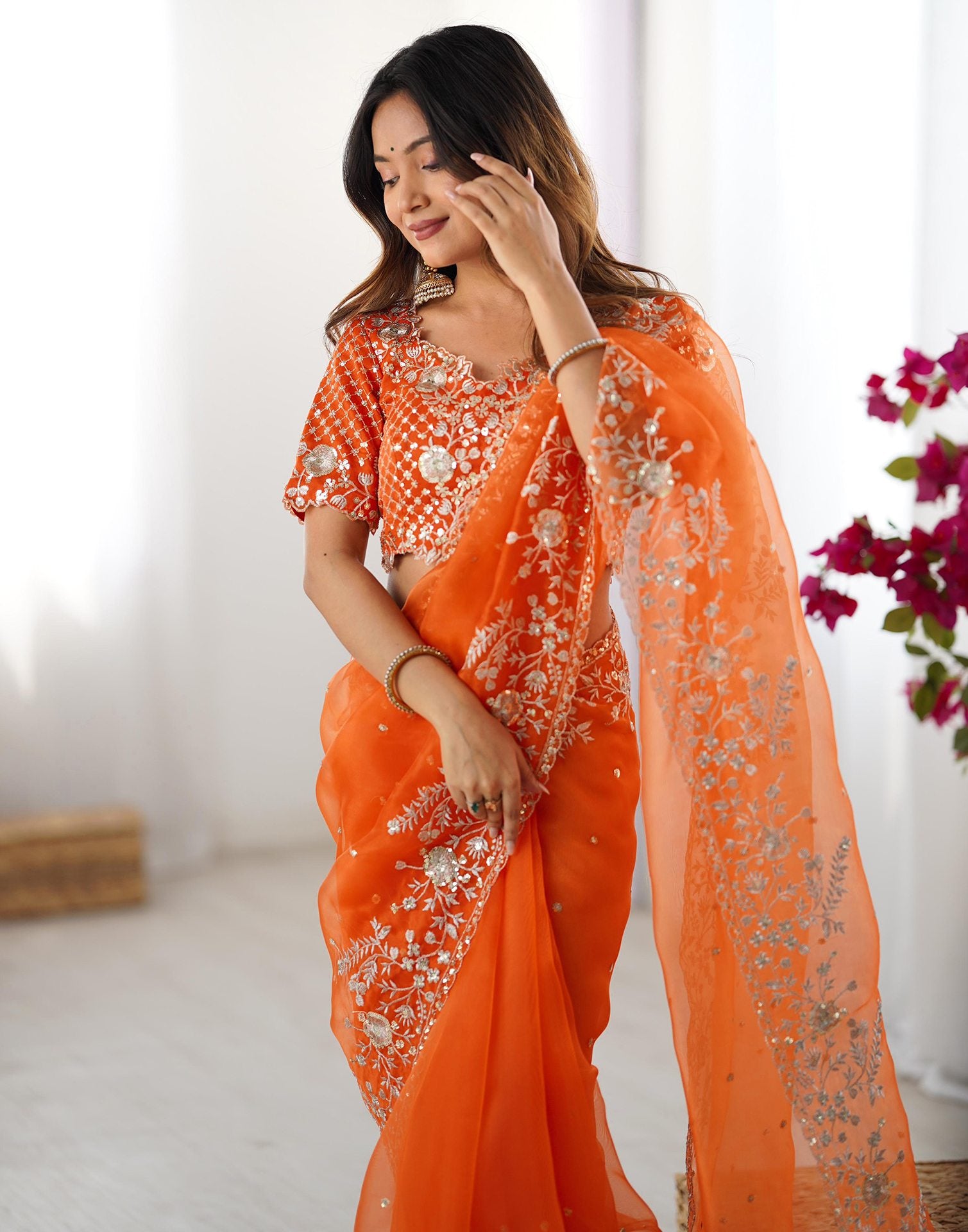 Orange Organza Sequence Embroidery Saree