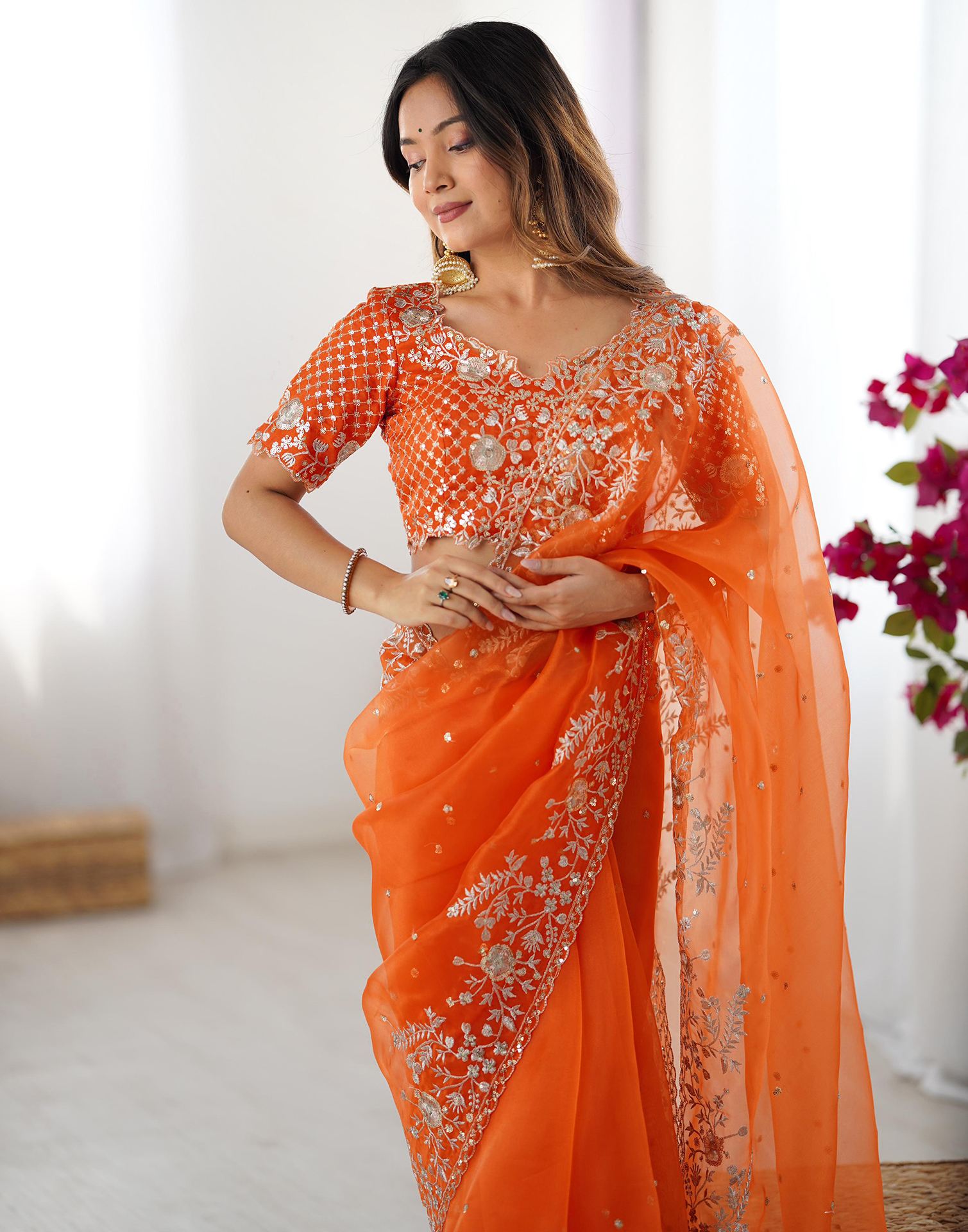 Orange Organza Sequence Embroidery Saree