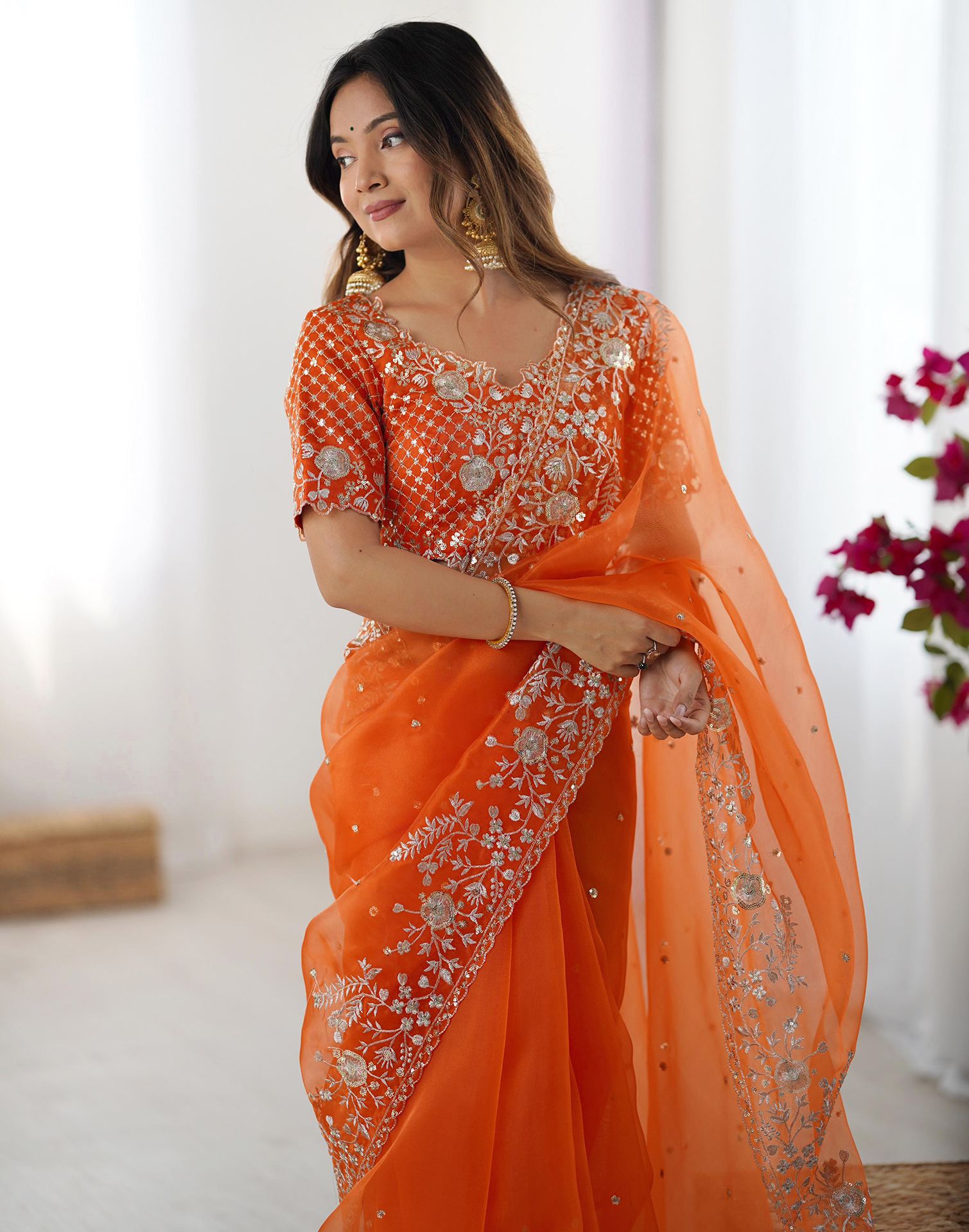 Orange Organza Sequence Embroidery Saree