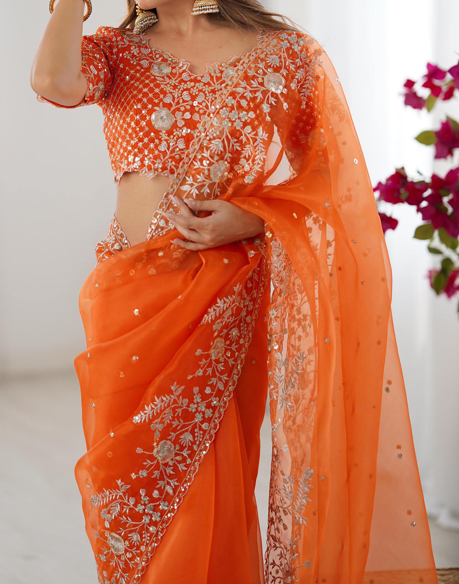 Orange Organza Sequence Embroidery Saree