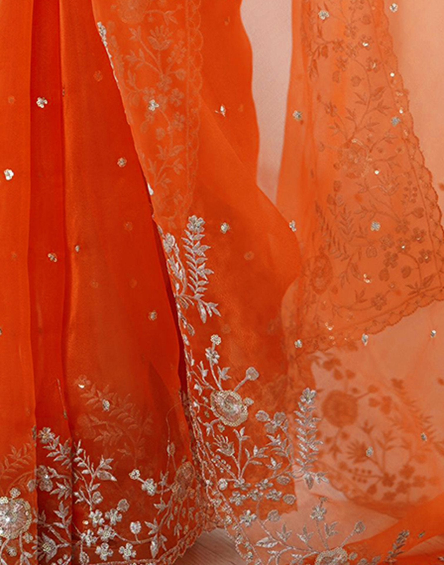 Orange Organza Sequence Embroidery Saree