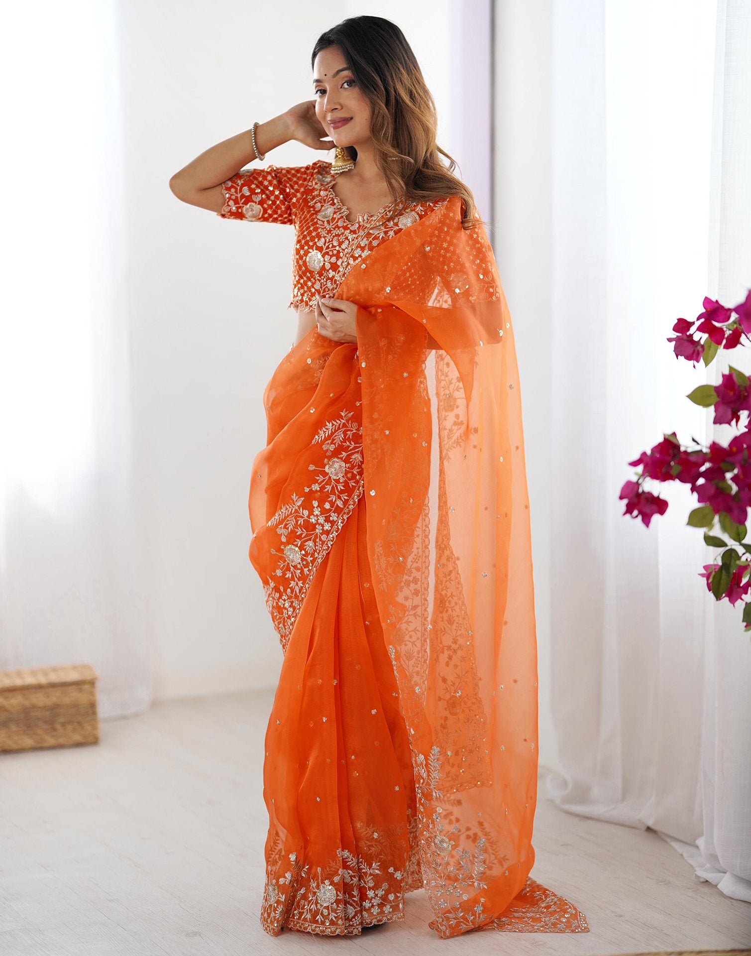 Orange Organza Sequence Embroidery Saree
