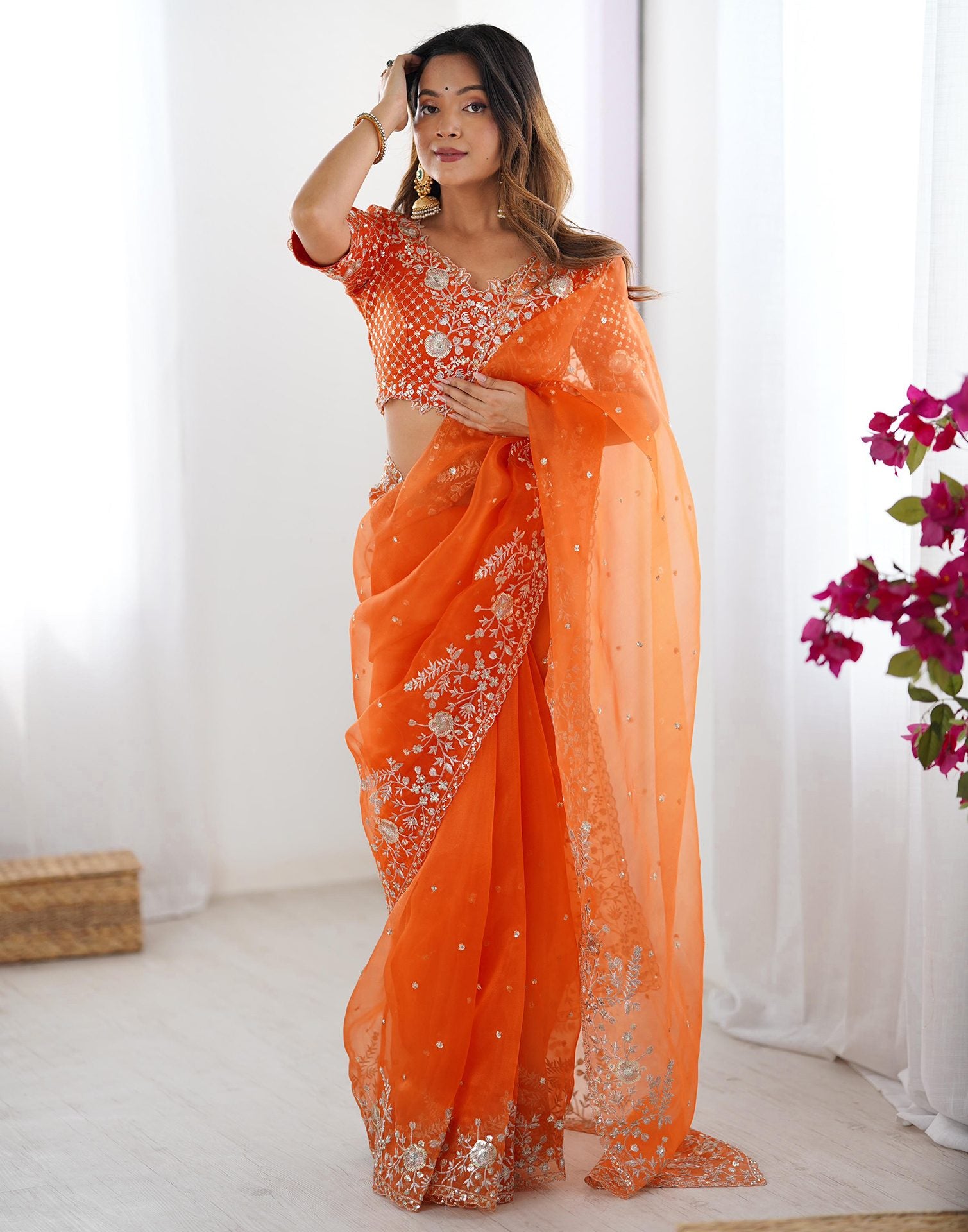 Orange Organza Sequence Embroidery Saree