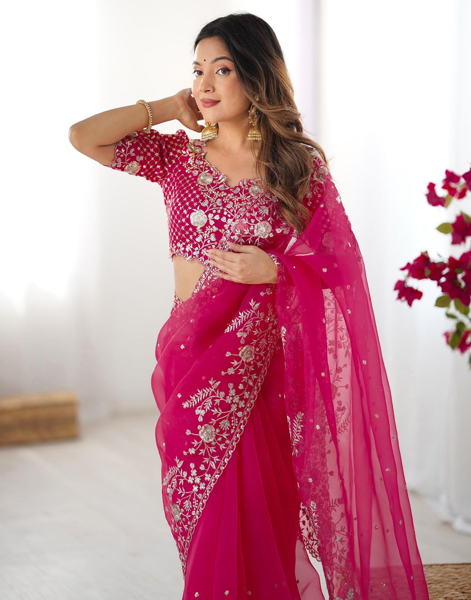 Pink Organza Sequence Embroidery Saree