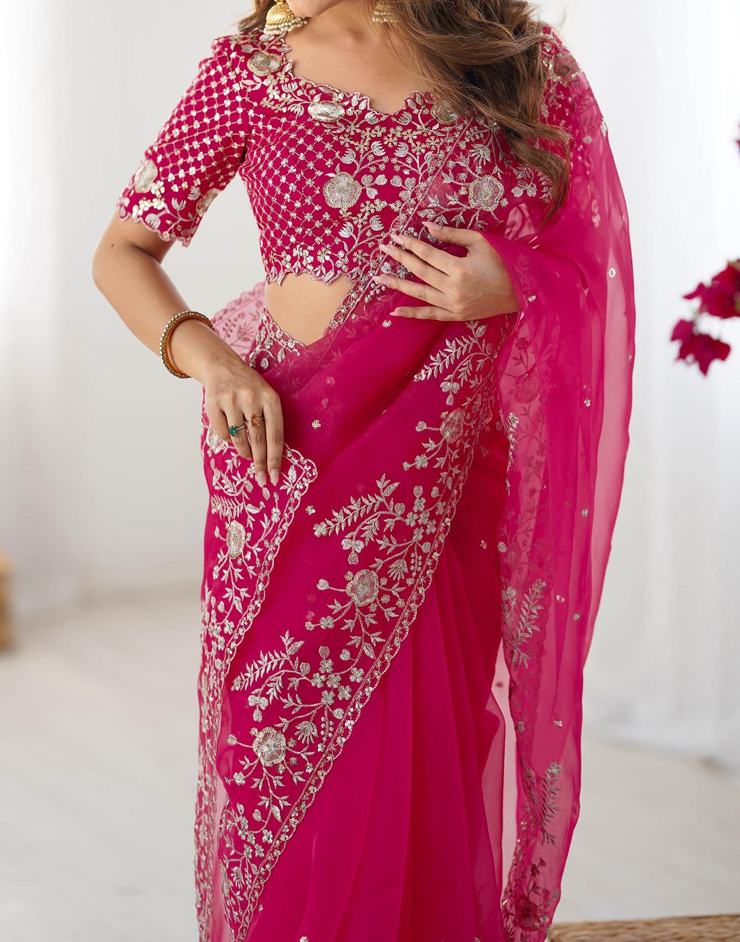 Pink Organza Sequence Embroidery Saree