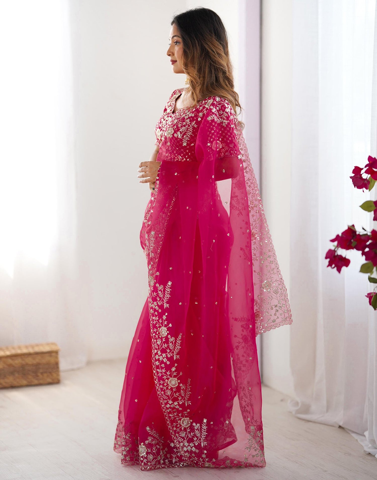 Pink Organza Sequence Embroidery Saree