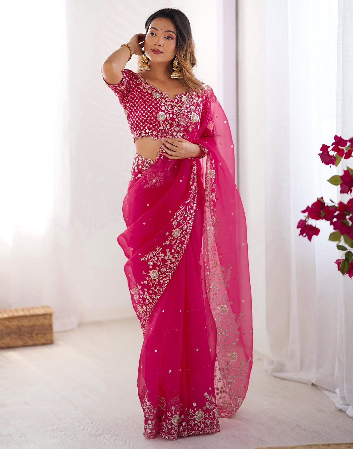 Pink Organza Sequence Embroidery Saree