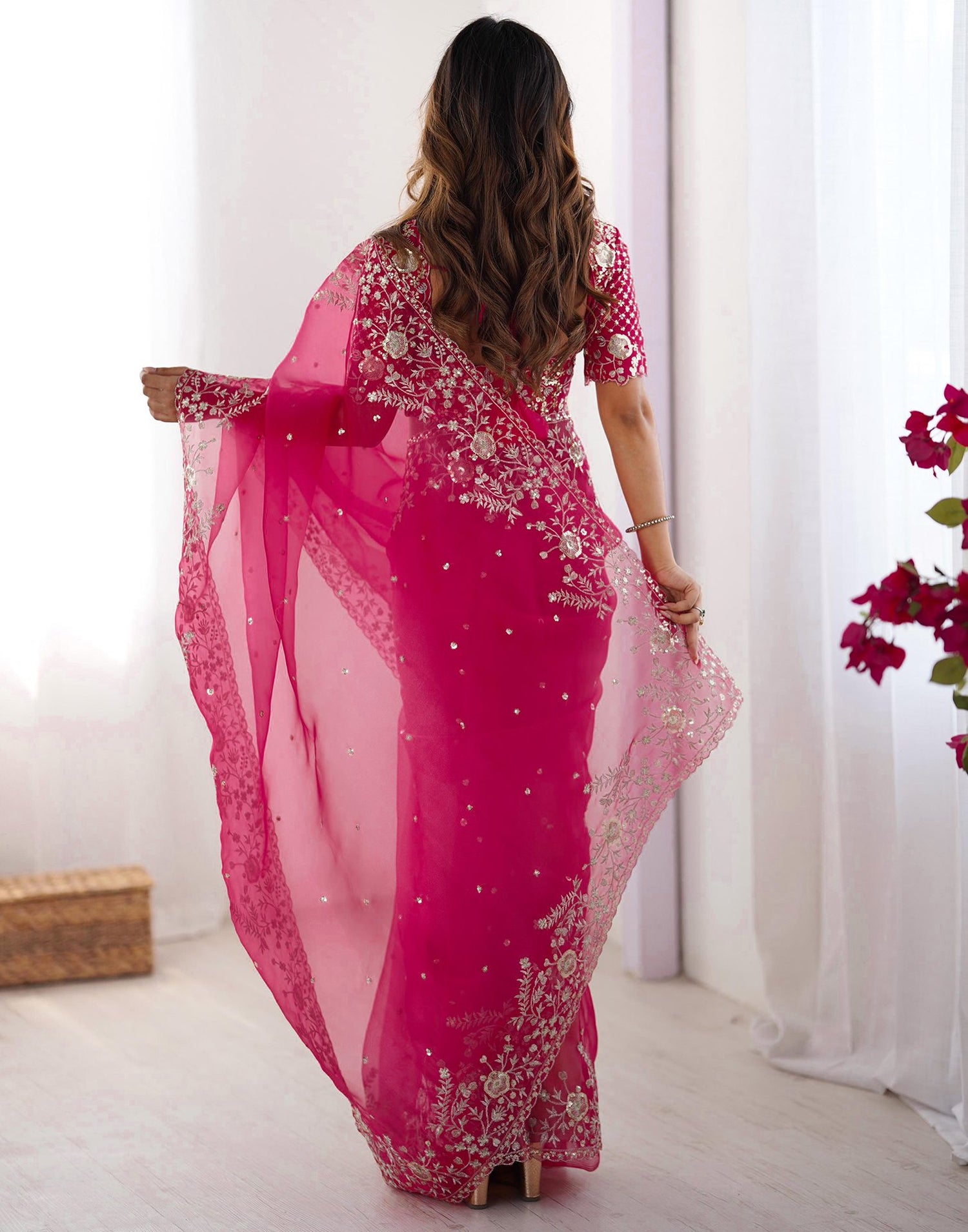 Pink Organza Sequence Embroidery Saree