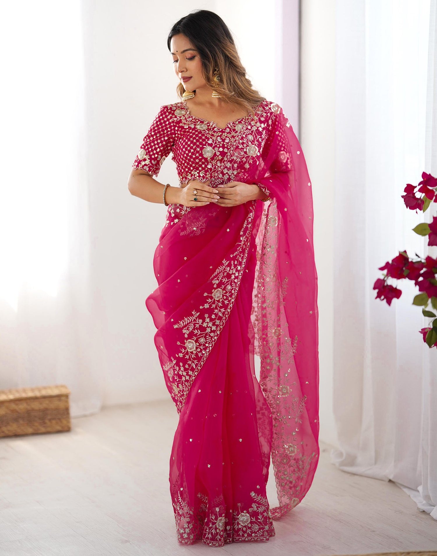 Pink Organza Sequence Embroidery Saree