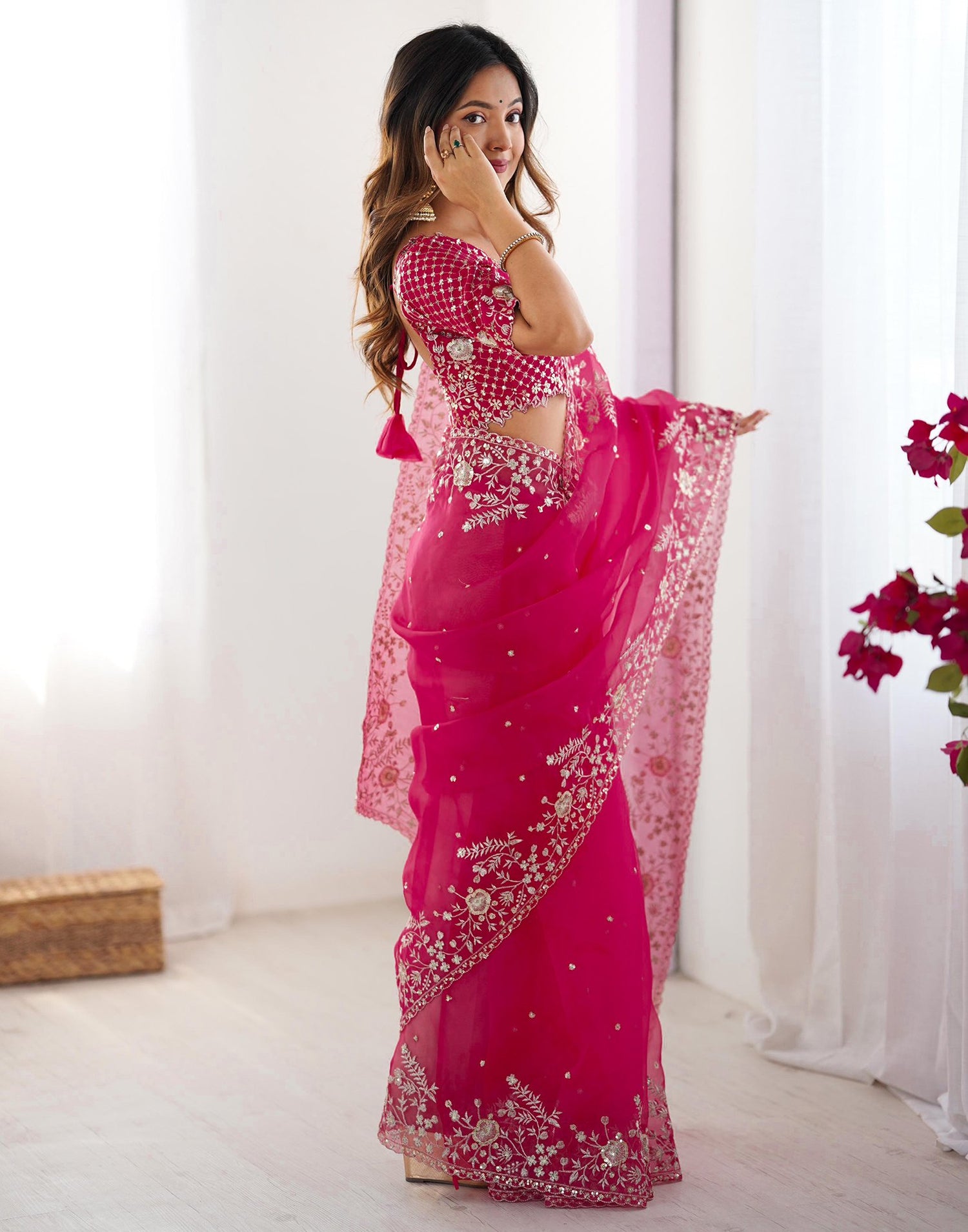 Pink Organza Sequence Embroidery Saree