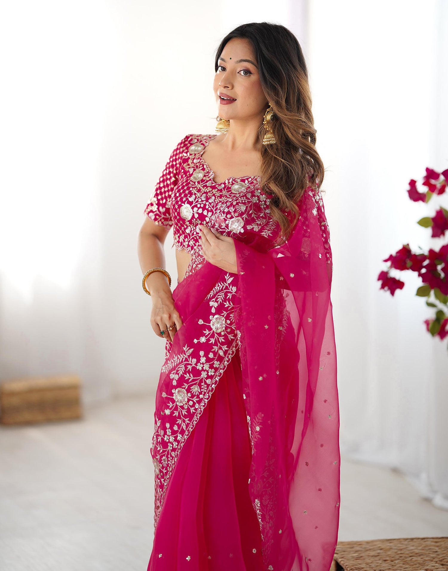Pink Organza Sequence Embroidery Saree