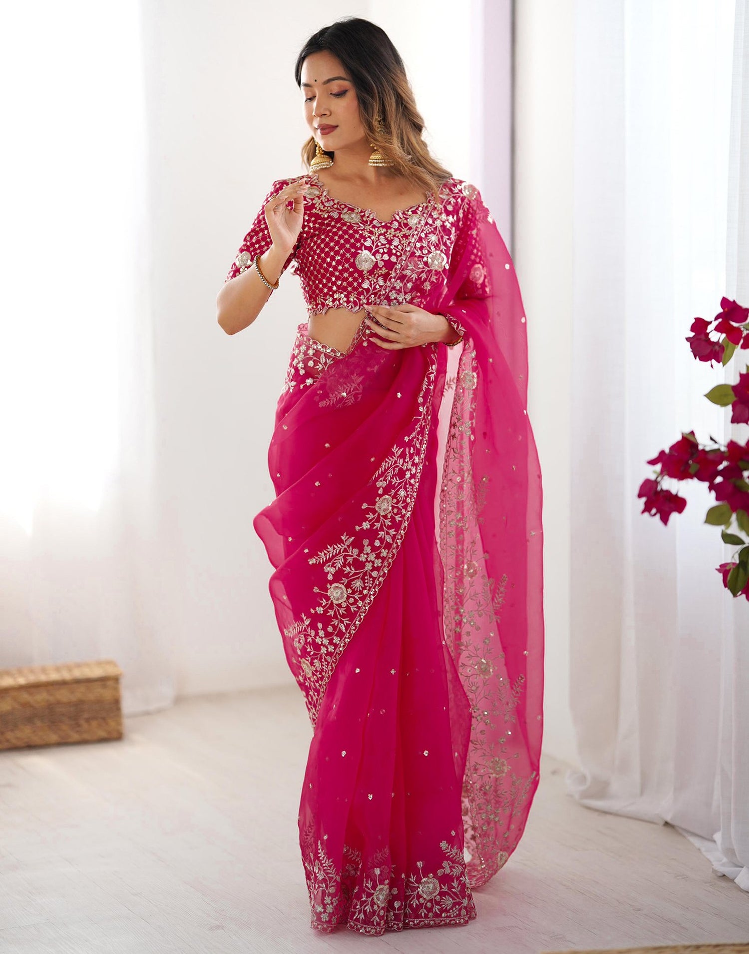Pink Organza Sequence Embroidery Saree