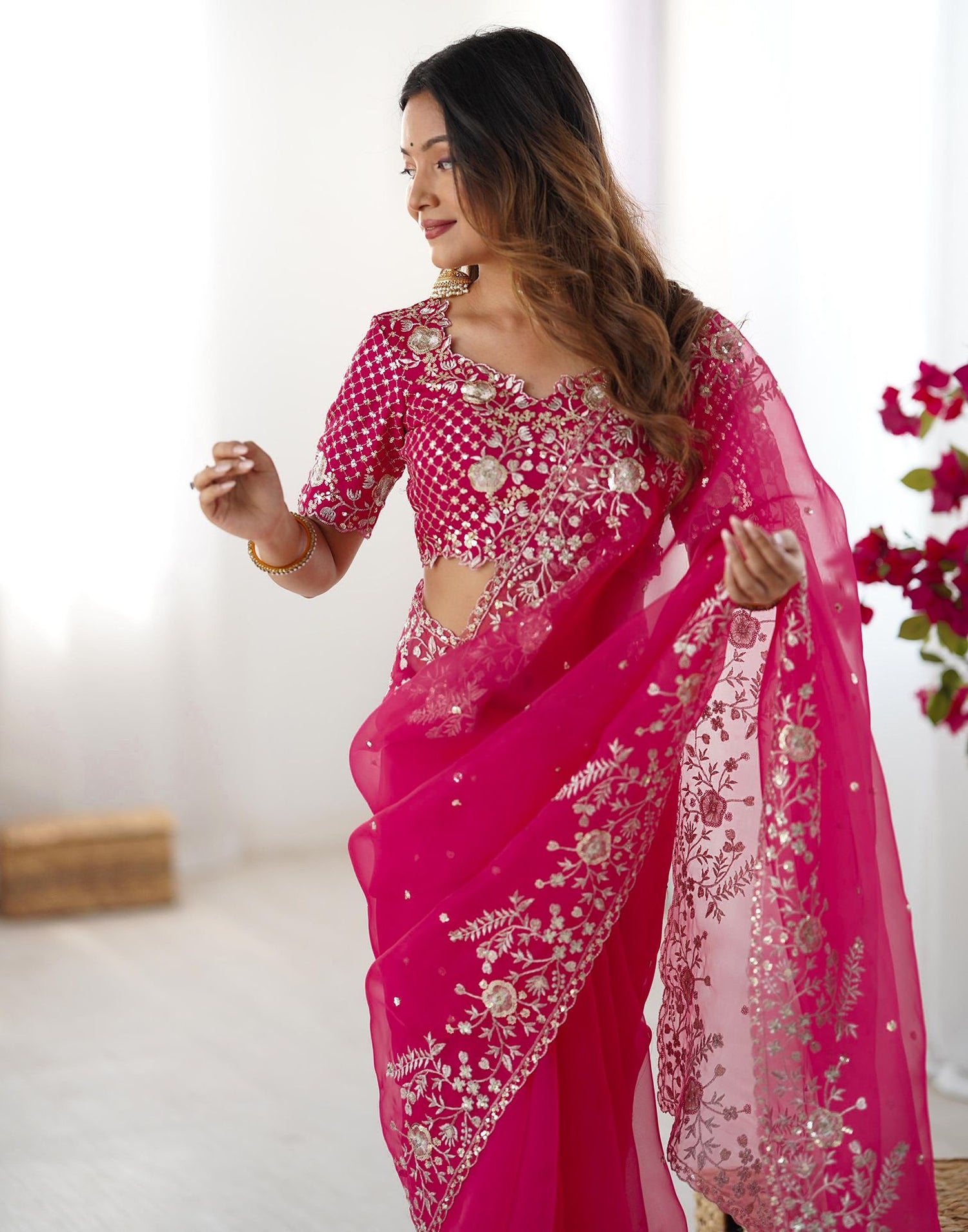 Pink Organza Sequence Embroidery Saree