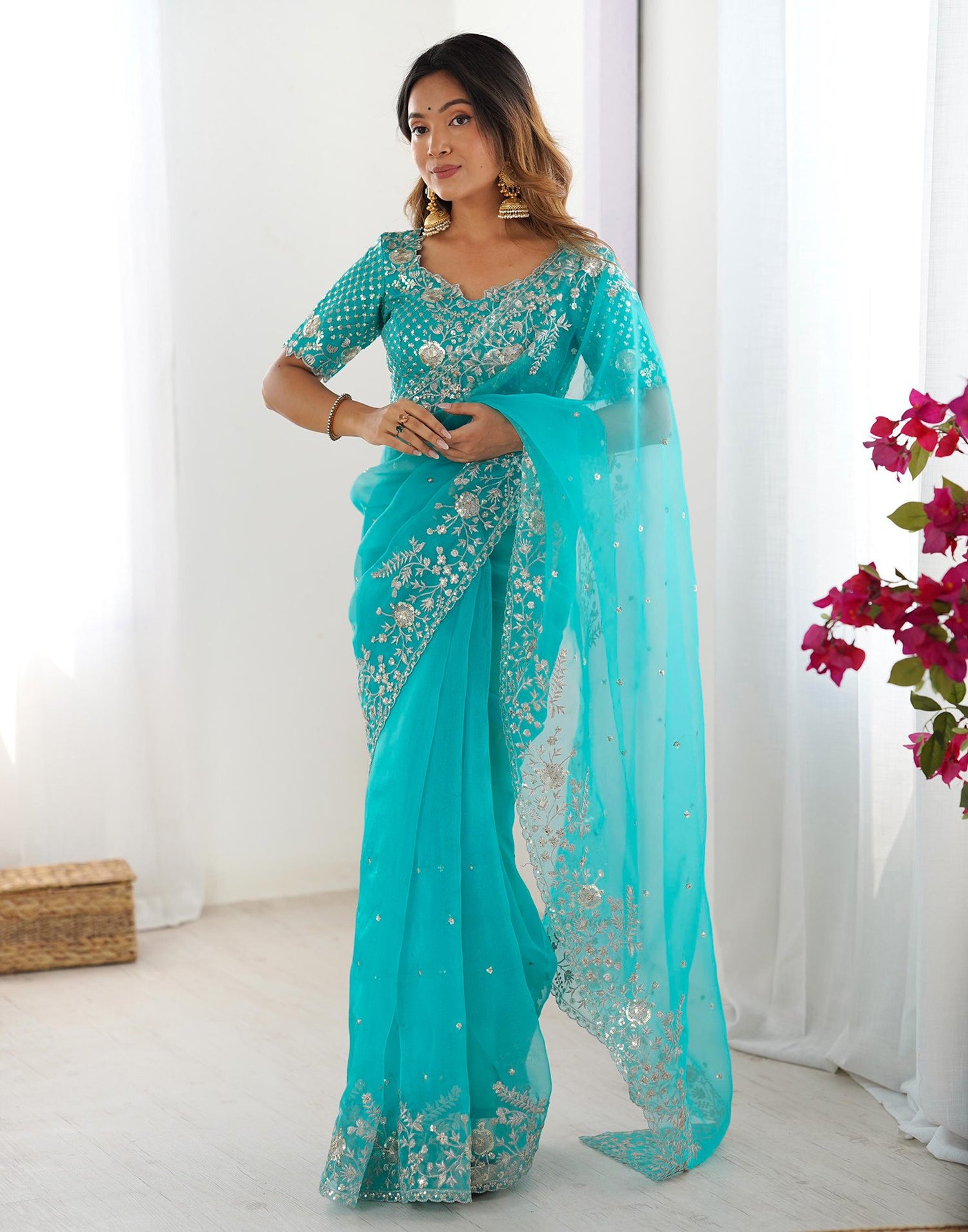 Turquoise Blue Organza Sequence Embroidery Saree