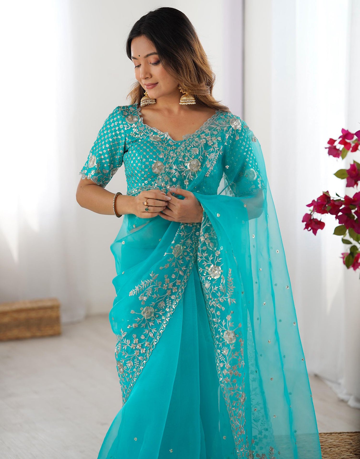 Turquoise Blue Organza Sequence Embroidery Saree