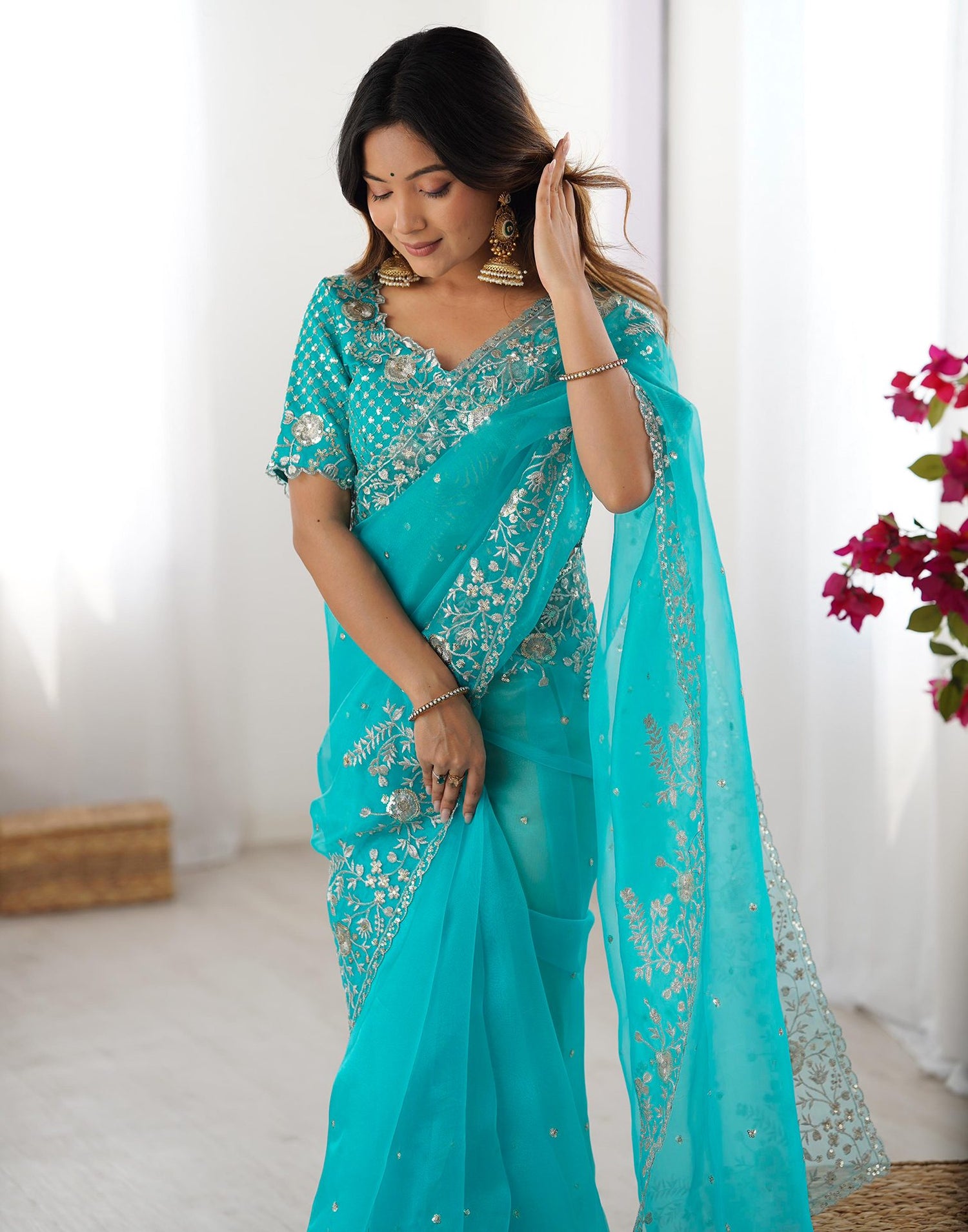 Turquoise Blue Organza Sequence Embroidery Saree