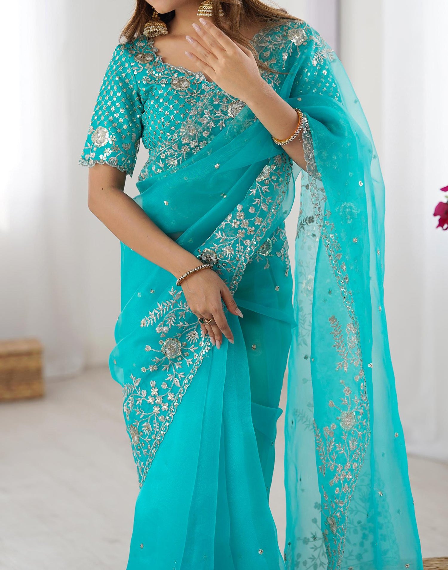Turquoise Blue Organza Sequence Embroidery Saree