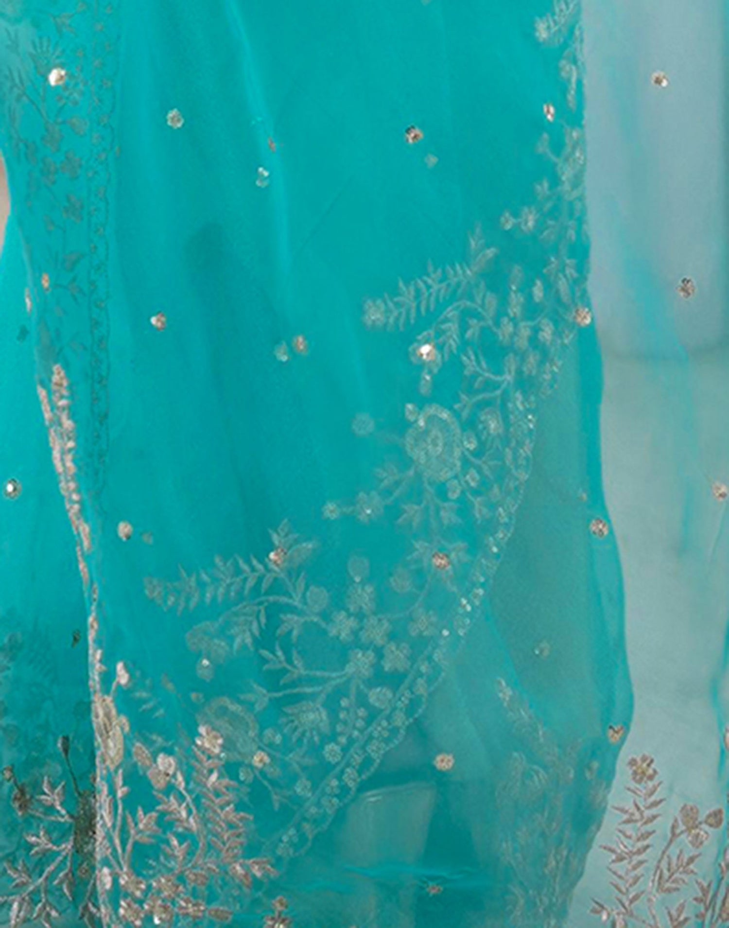 Turquoise Blue Organza Sequence Embroidery Saree