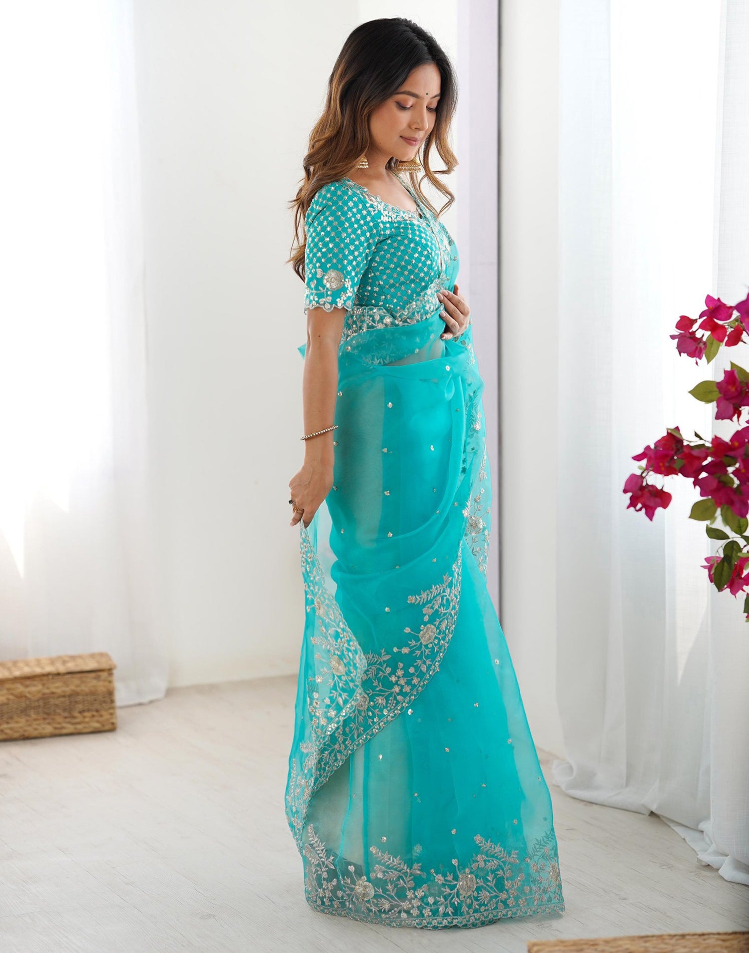 Turquoise Blue Organza Sequence Embroidery Saree